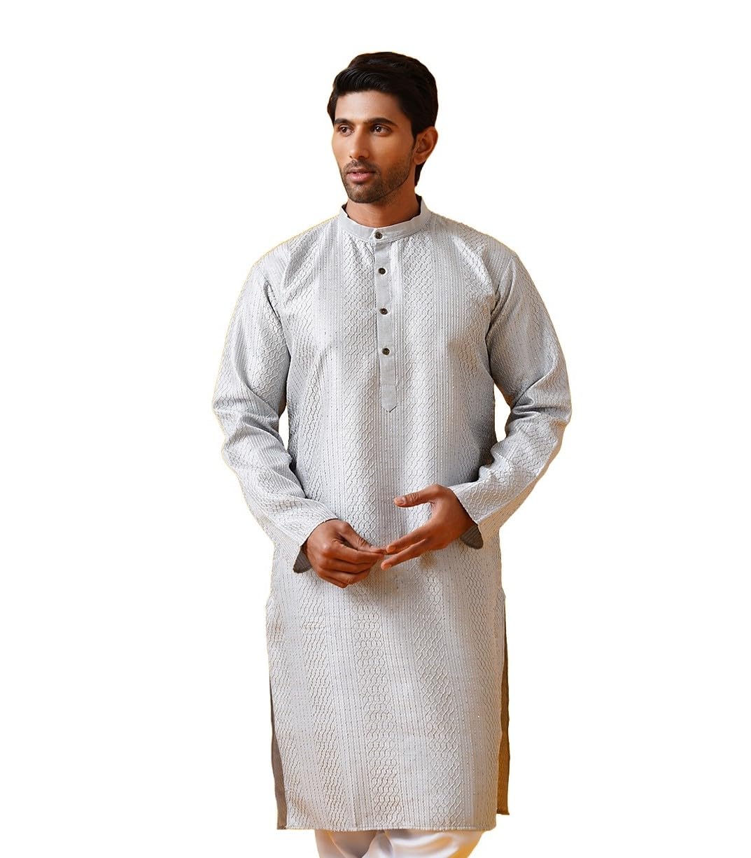 Sojanya (Since 1958 Men's Silk Bend Krochet Thread Embroidered Grey Long Kurta