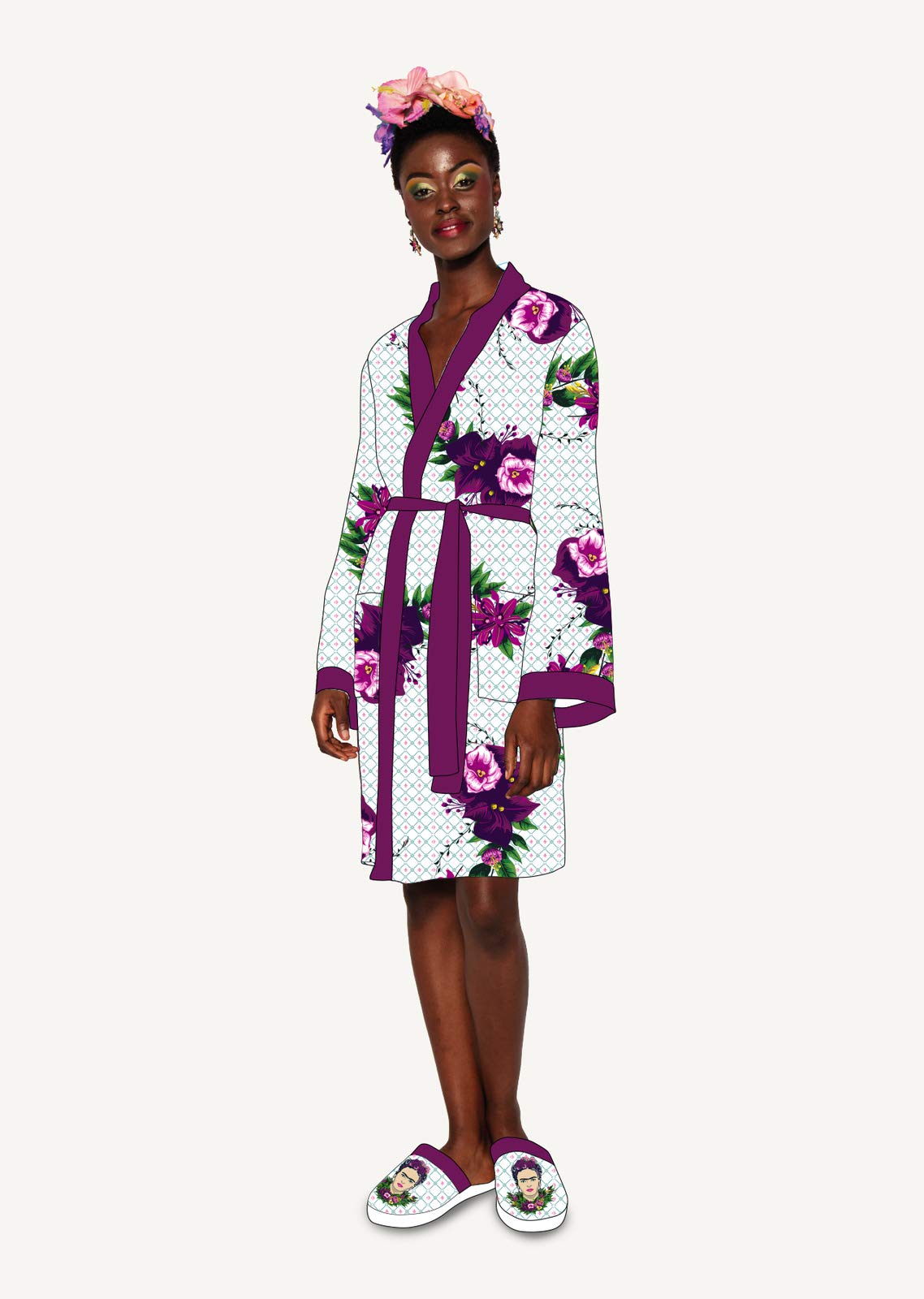 Frida Kahlo Violet Bouquet Satin Style Ladies Robe