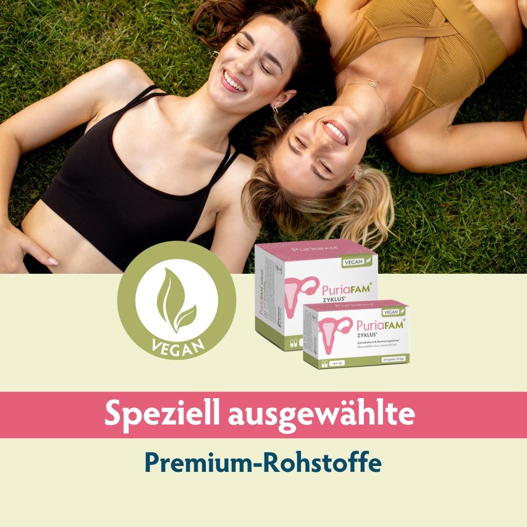 PuriaFAM® Zyklus - 180 Zyklus Tabletten - Maca, Mönchspfeffer, Shatavari, Inositol, Frauenmantel, Eisen - Vegane Hormon Balance