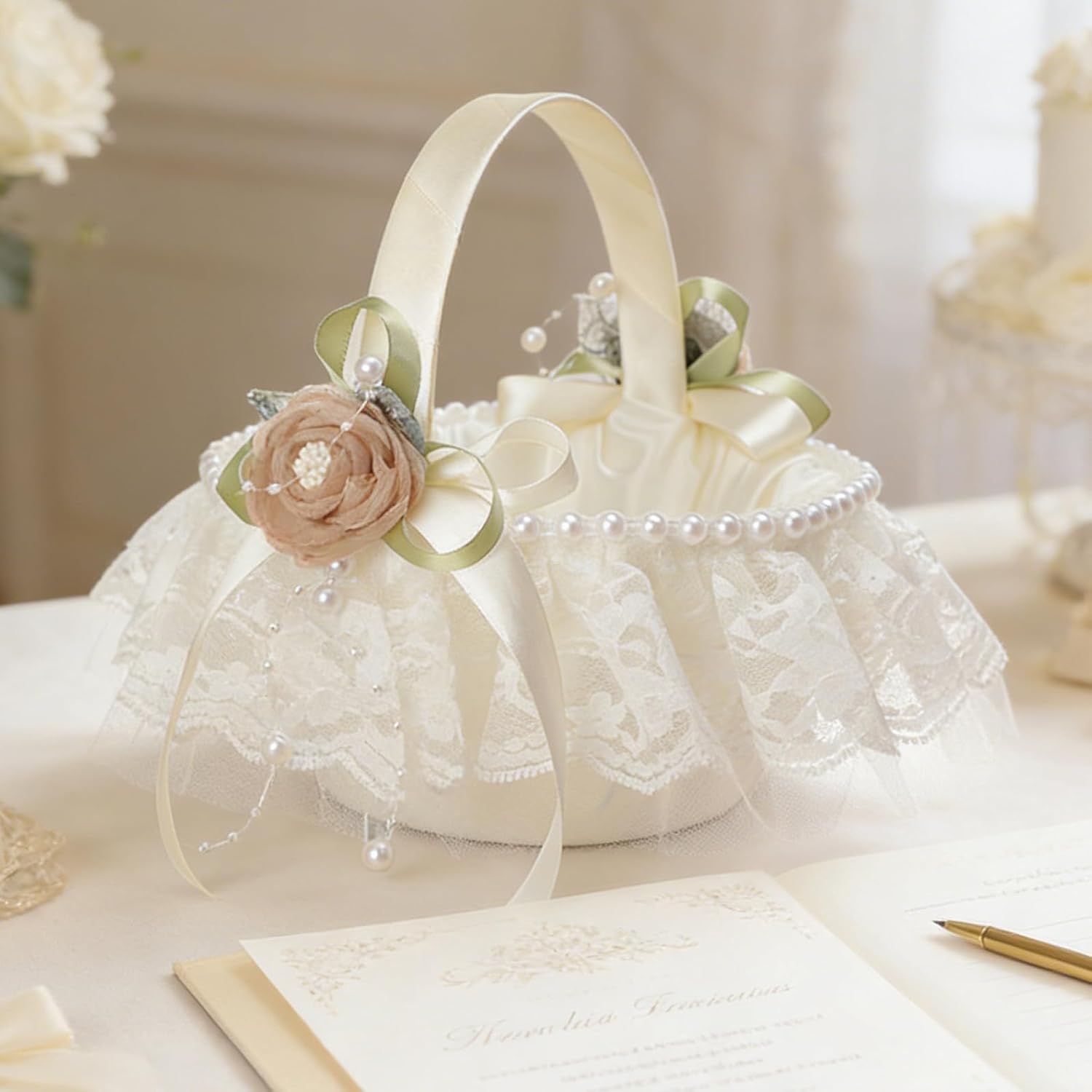 Flower Girl Basket for Weddings with Pearl Handle and Handheld Ceremony Flower Basket in Ivory Color
