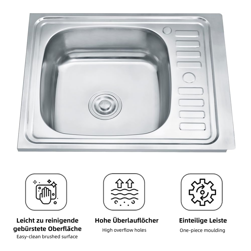 Melko 58CM Acier inoxydable, évier à encastrer carré + égouttoir, évier cuisine, plonge, bac d'évier