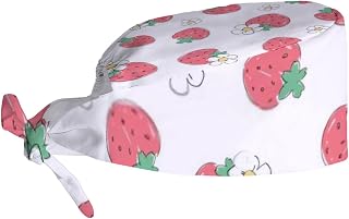 Working Cap Hat Adjustable Tie Back Head Cover Strawberries Fruit Floral Head wear with Button Sweatband for Women Men