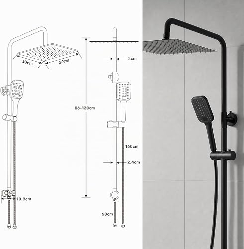 Colonna Doccia Nera Senza Miscelatore, Asta Doccia Saliscendi con Soffione Pioggia 30x30cm e Doccetta 3 Getti, Asta Doccia Regolabile in Altezza 86-120cm, Tubo Acciaio Inox Antitorsione 1.6m, Nero - 6