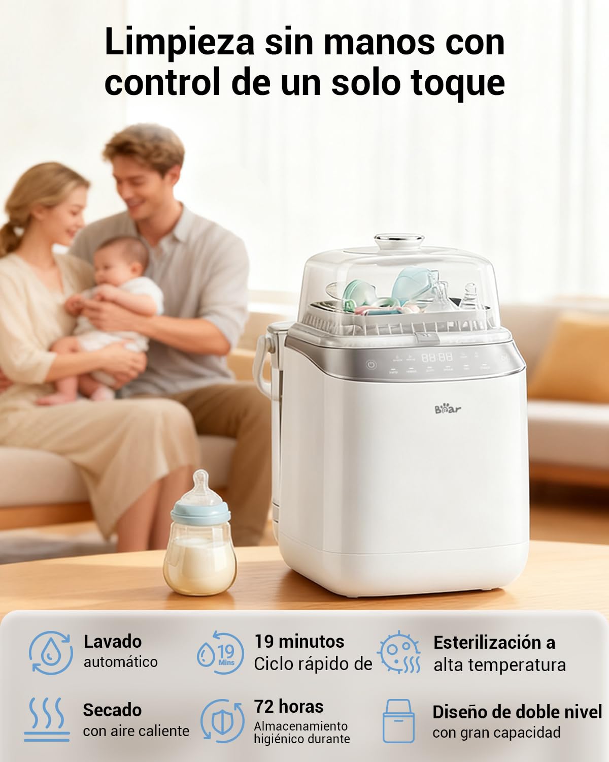 Bear Bottle Washer Pro - Limpiador Automático para Biberones | Limpieza Rápida, Esterilización a Alta Temperatura y Secado | 90 Tabletas de Limpieza Incluidas | Capacidad para 4 Biberones y Accesorios