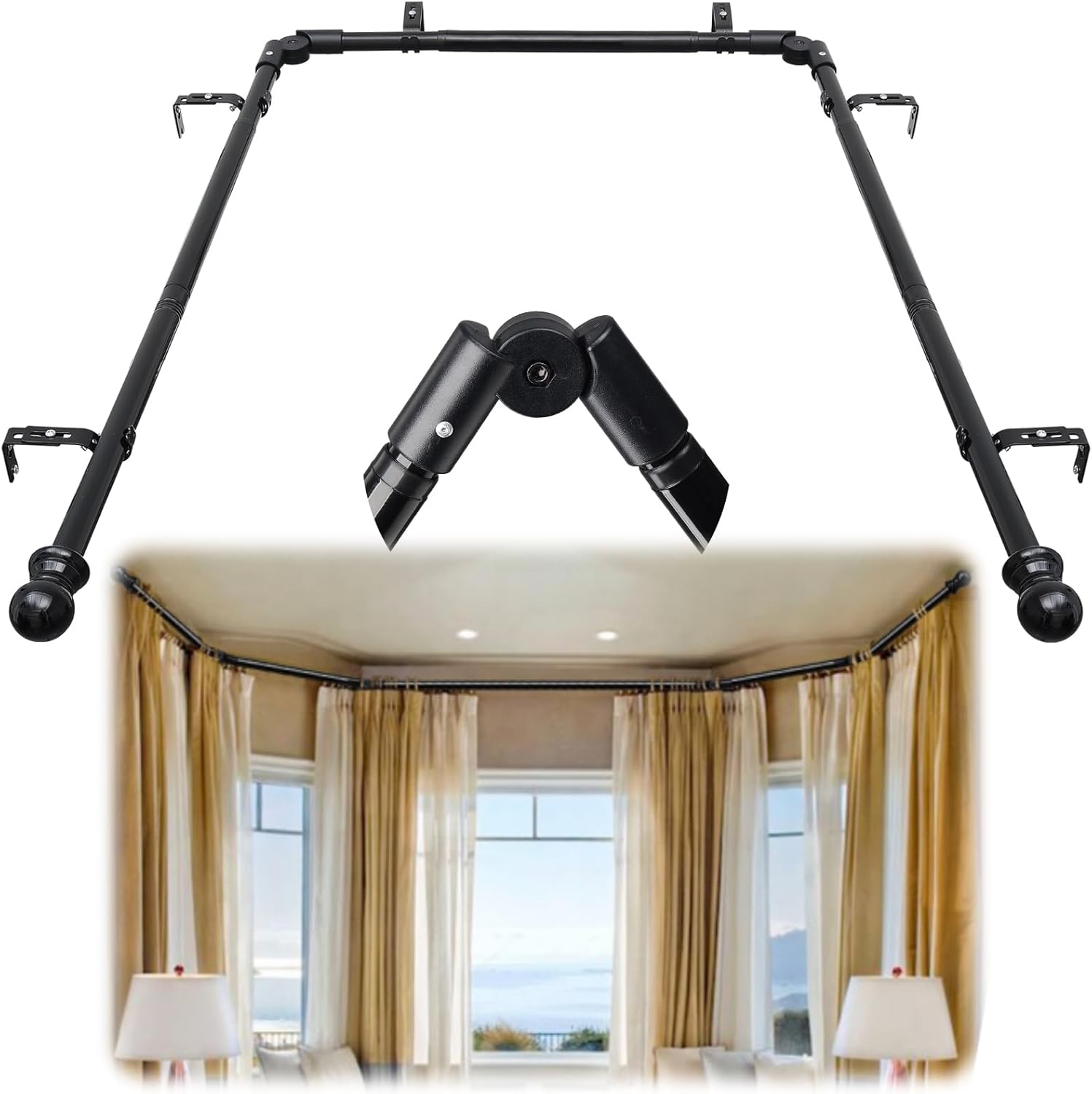 Bay Window Curtain Rods?146-187 inch Black 1 Inch Diamer Adjustable Sturdy Bay Window Curtain Rod 3 Sided 59-78.7 Inch Side Rods for Windows for Living Room Bedroom And Sliding Windows 146-187 inch?3 side? Black