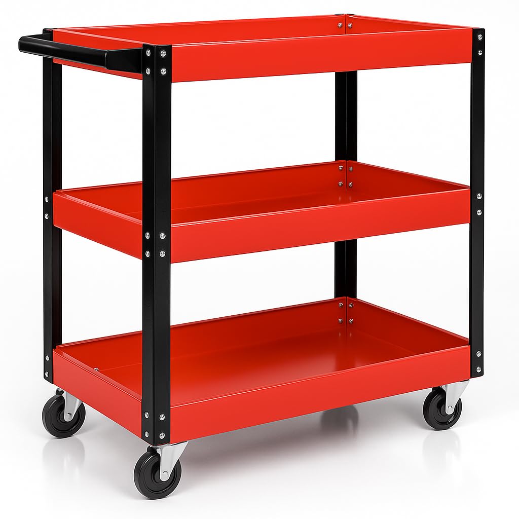 Carro de Herramientas con Ruedas vacío Carro de Taller mecánico para Herramientas con 3 Bandejas de Almacenamiento y Asa Lateral para Garaje Mecánico Hogar. 70 x 35 x 76 cm