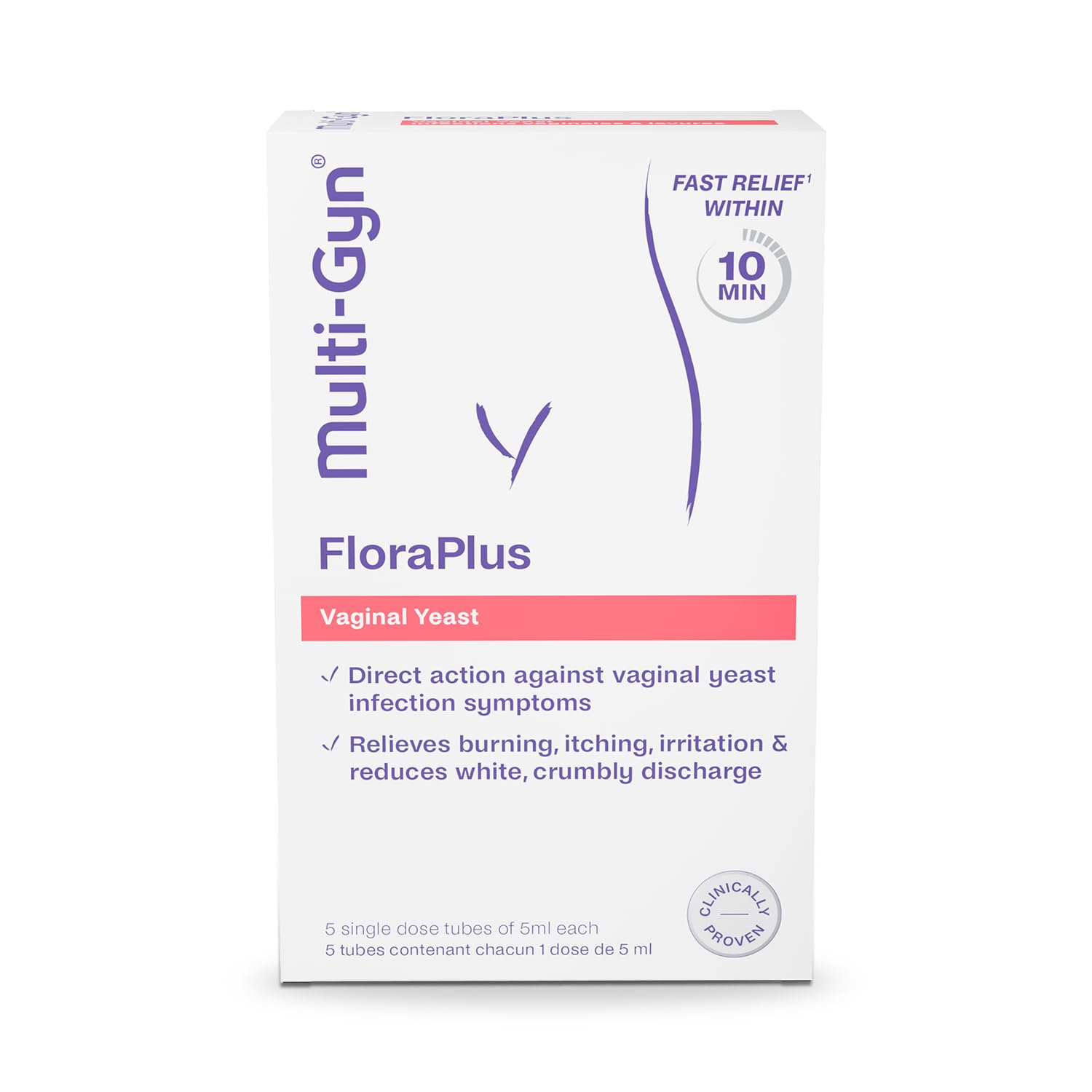 Multi-Gyn FloraPlus - Treats Symptoms of Thrush, Burning, itching and Irritation - Fast Relief in 10 Minutes with prebiotics and lactic Acid – Clinically Proven - 5 Single dose Tubes