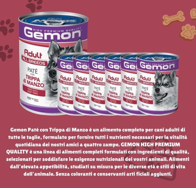Gemon Umido Cane Patè Adult All Breeds gusto TRIPPA di MANZO, morbido patè per cani adulti, alimento completo | 12 scatolette da 400 grammi l’una.