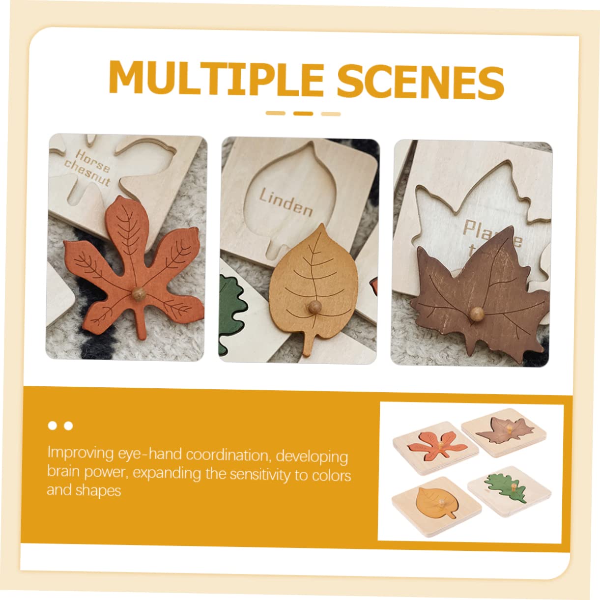 ibasenice Montessori Puzzle de madera de 4 piezas, forma de hoja de otoño, juguete educativo para niños en edad preescolar, rompecabezas educativos para habilidades cognitivas y habilidades motoras