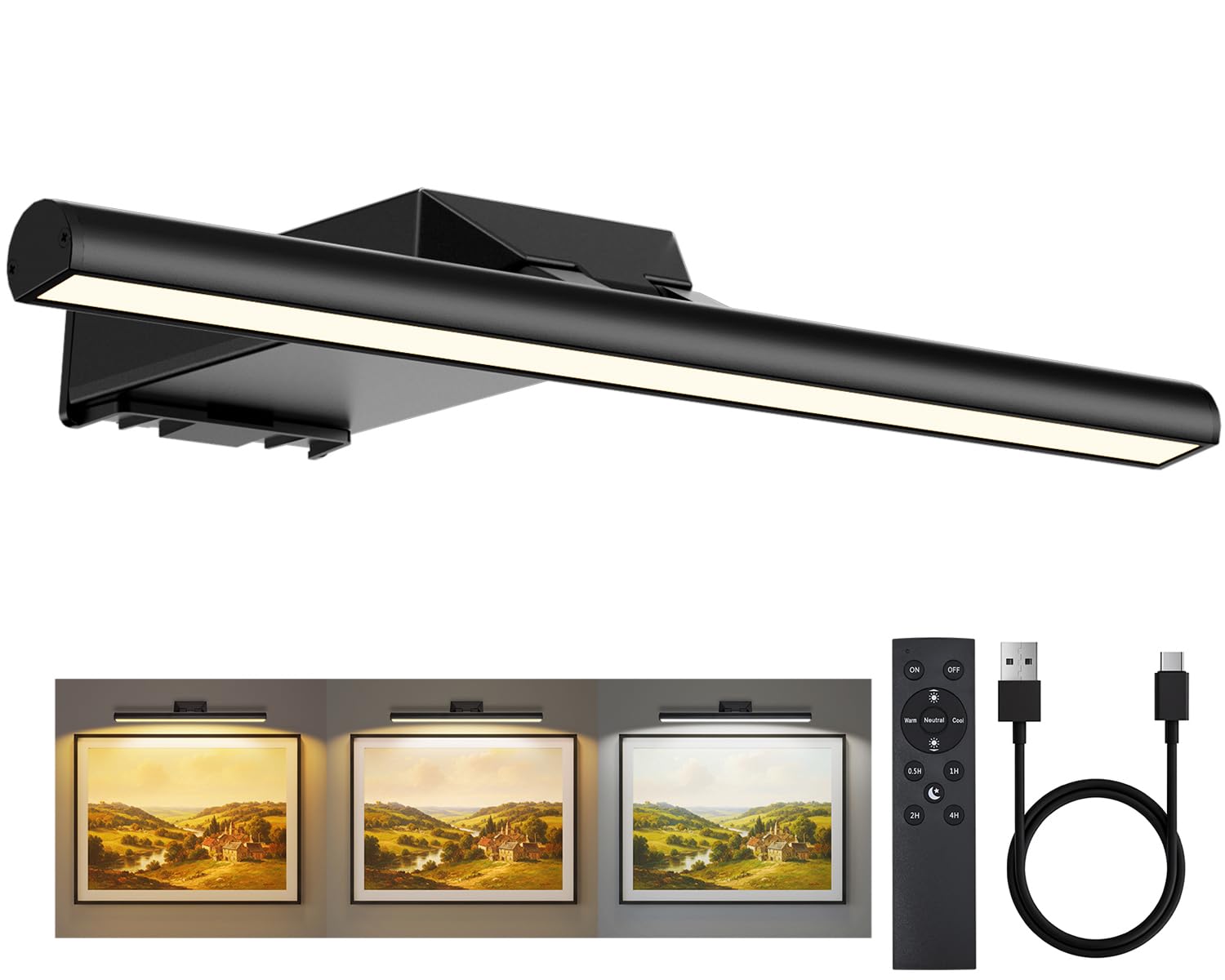 Bildbeleuchtung Kabellos, 10000mAh Akku Bilderleuchte 30cm Schwarz | LED Wandleuchte Innen mit Fernbedienung, Dimmbar 3 Farbtemperaturen, 4 Timer, CRI 95+, 300LM super hell Bilderlampe