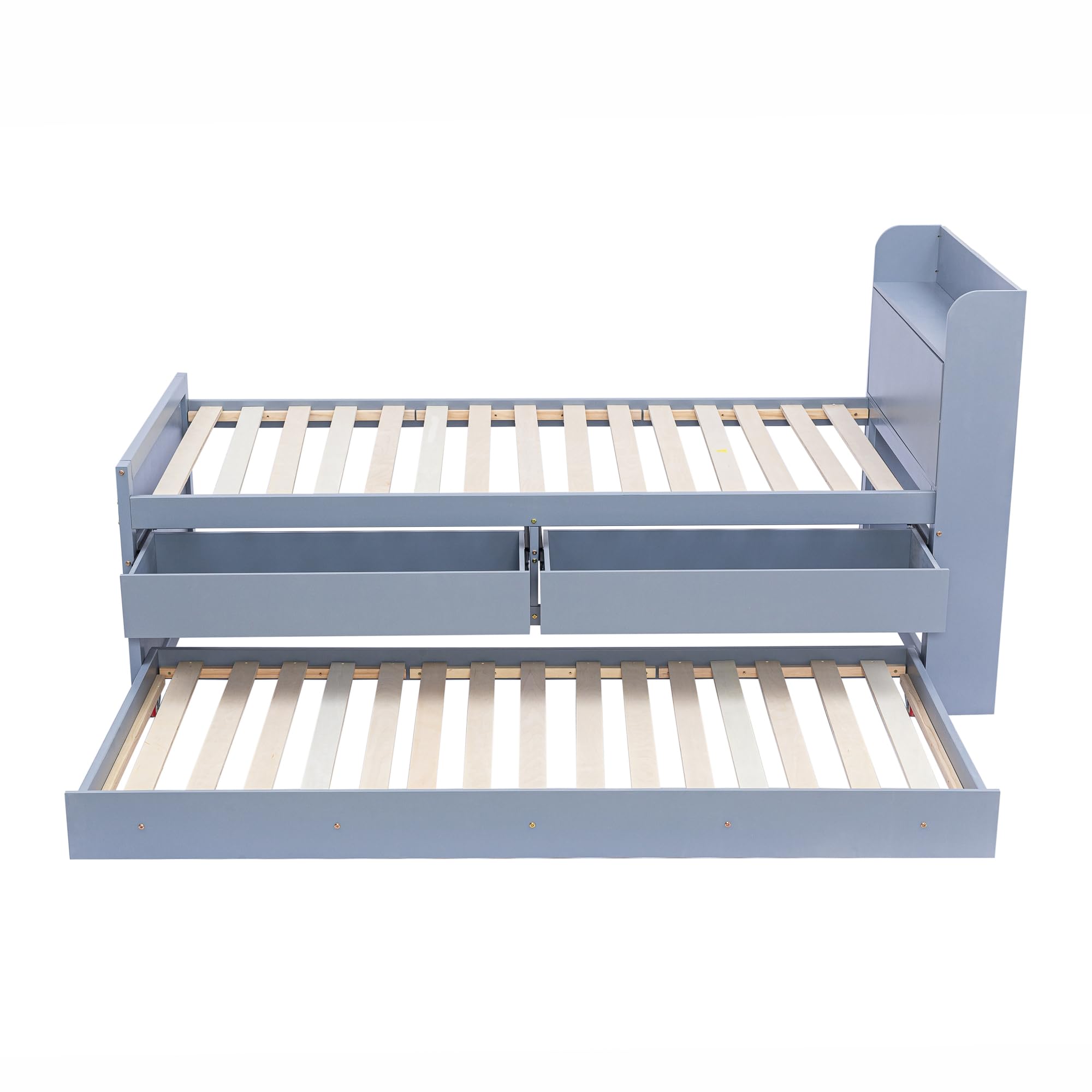 Letto singolo 90x190 cm, letto in legno massiccio di pino multifunzionale con cassetto estraibile, rete a doghe, comodino con ripiani e presa USB, letto per ragazzi e ospiti (Grigio)
