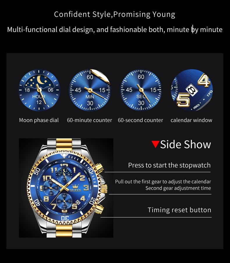 Image of OLEVS Watch Men Luxury Chronograph Stainless Steel Wrist Dress Waterproof Watch Quartz Analog Large Face Luminous
