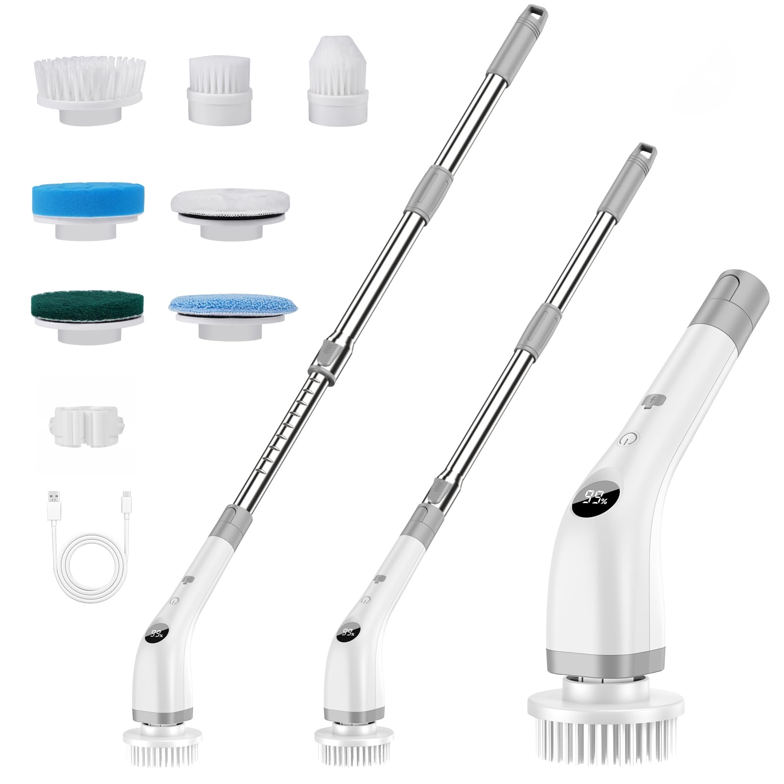 Elektrische Reinigungsbürste, 7 in 1 Putzbürste mit Verstellbarem Griff, Electric Cleaning Brush mit austauschbaren Bürstenköpfen,2 Speed mit langem Griff für Haushalt Fliesen, Wanne-IPX7