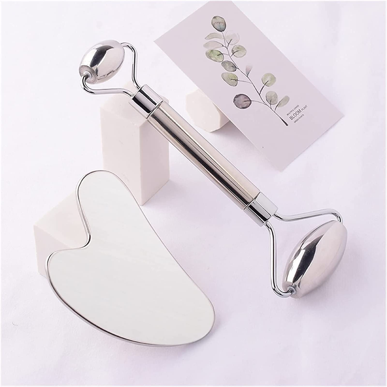 AMAZWI Gua sha Tablero raspador de Acero Inoxidable Rodillo Facial Gua Sha Tool Tool Massaje de Cuidado de la Cara Cristal Jade Rose Quartz Health Anti Wrinkle Celulite Massage Massage Tool Tool