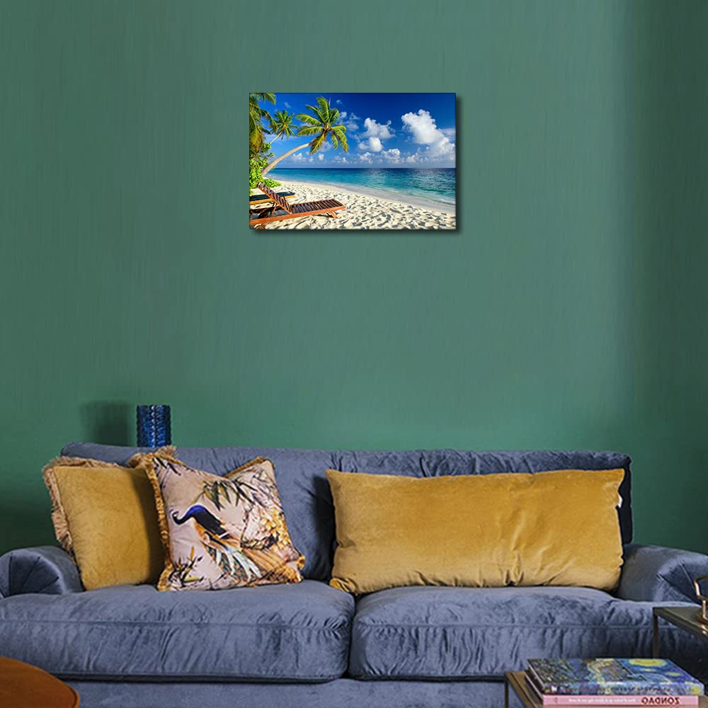 TISHIRON Canvas Wall Art Summer Ocean Coconut Trees on Sands Beach Panoramic Seascape Scenery Painting Canvas Artwork Sea Nature Picture for Home Office Wall Decor Framed Ready to Hang (18X12in) - Image 3