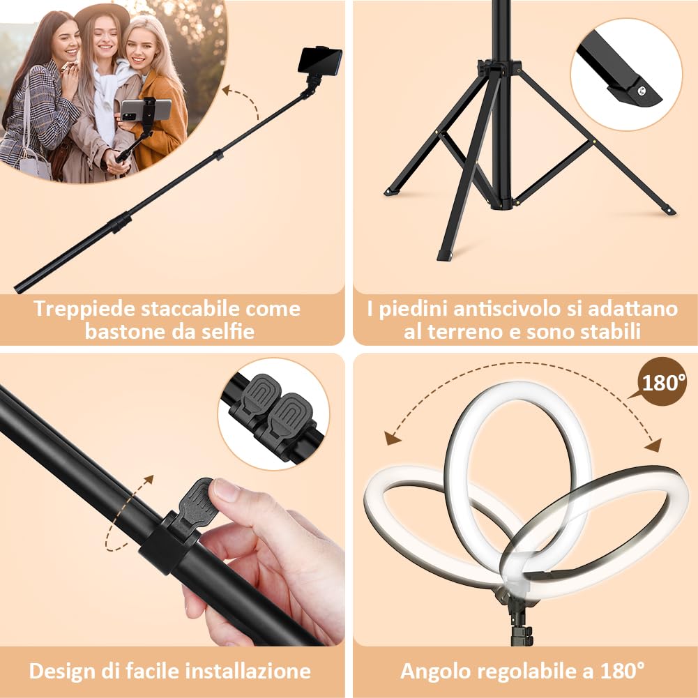 YOHOOLYO Pierścień świetlny ze statywem 12", 12 cali, aluminiowy statyw 163 cm, 3 kolory światła i 10 poziomów jasności, do selfie Tiktok, YouTube, wideo, makijażu
