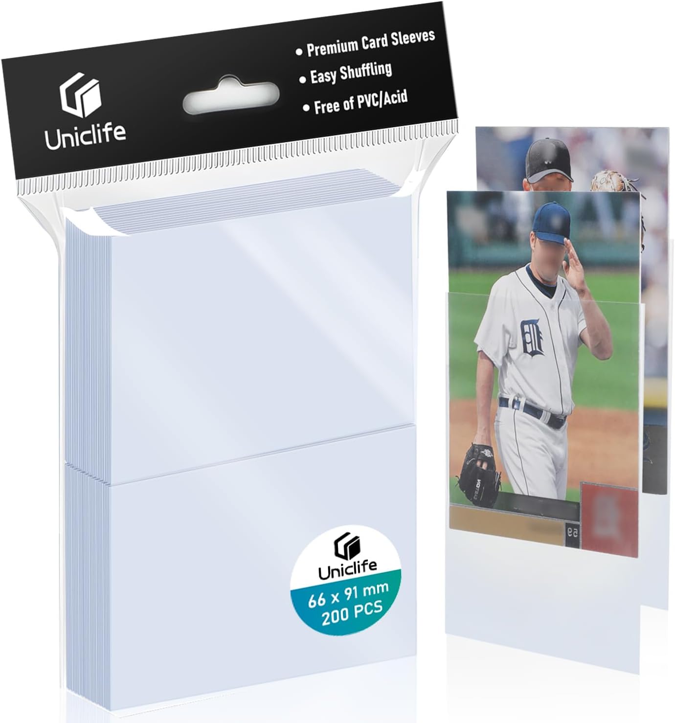 Uniclife 200 Counts Trading Card Sleeves - Ultra Clear Penny Sleeves for Baseball, Sports, MTG, Football, Photocards - 66 x 91 mm Card Protectors