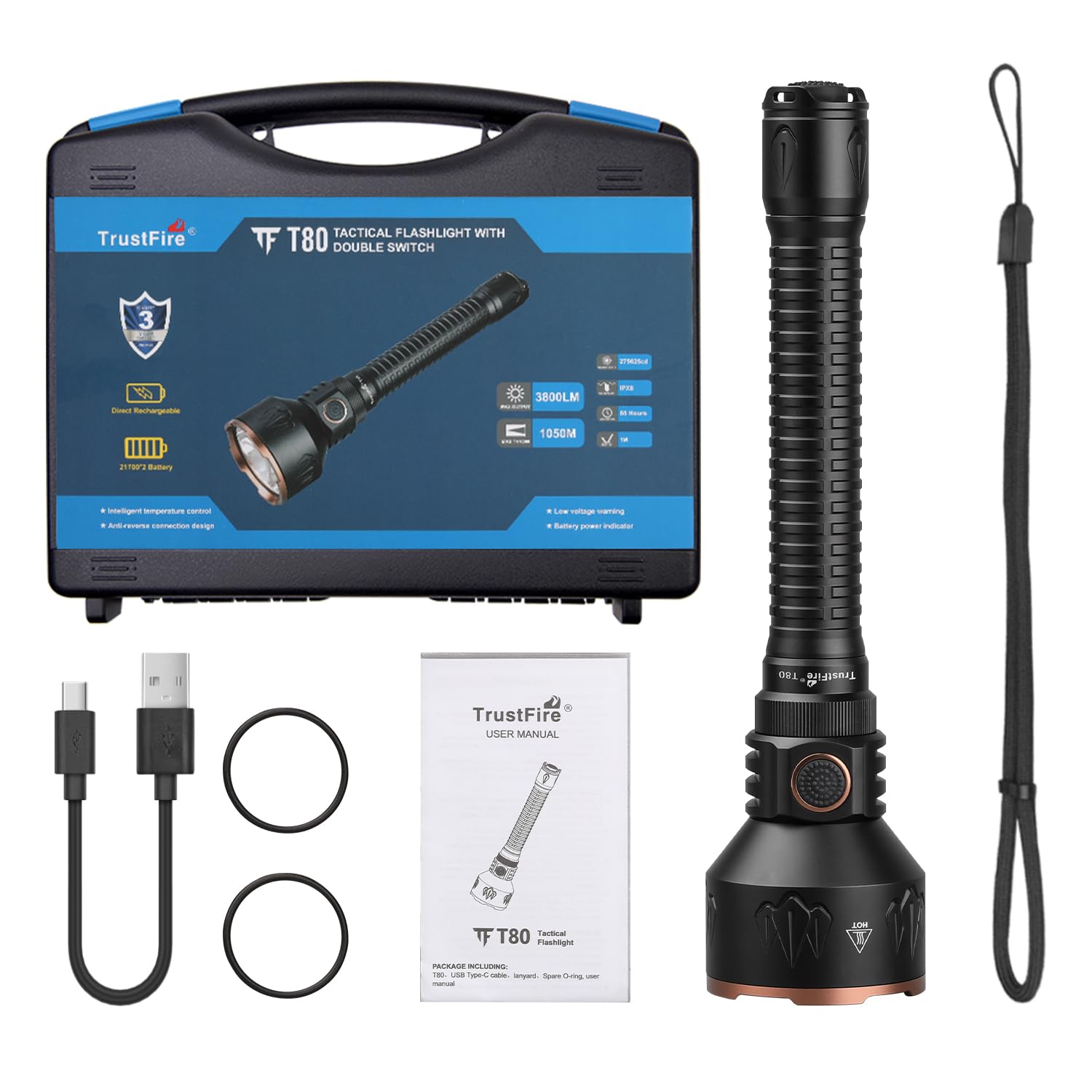 TrustFire T80 Linterna LED Táctica Recargable, Linterna Caza Alta Potencia 3800 Lúmenes y 1050m de Alcance,IPX8, 6 Modos,con Carga Tipo-C e Interruptor Dual, para Caza, Búsqueda y Rescate, Camping