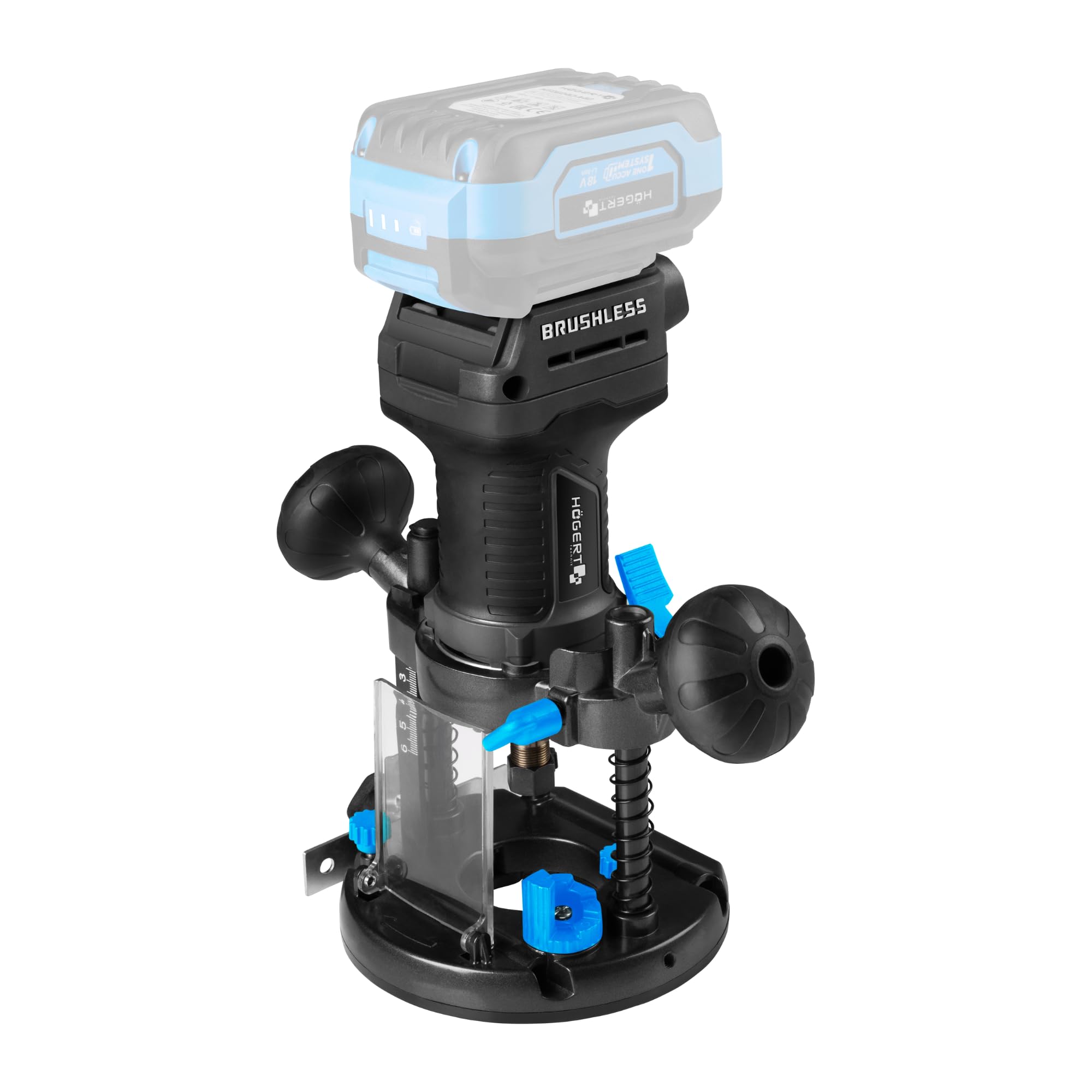 HÖGERT TECHNIK Frezarka pionowa bezszczotkowa 18 V 3 w 1, frezarka krawędziowa, prosta szlifierka do paznokci, 8000-26000 obr./min, 55 mm, głębokość frezowania 6 mm, szczypce LED OneAccuSystem
