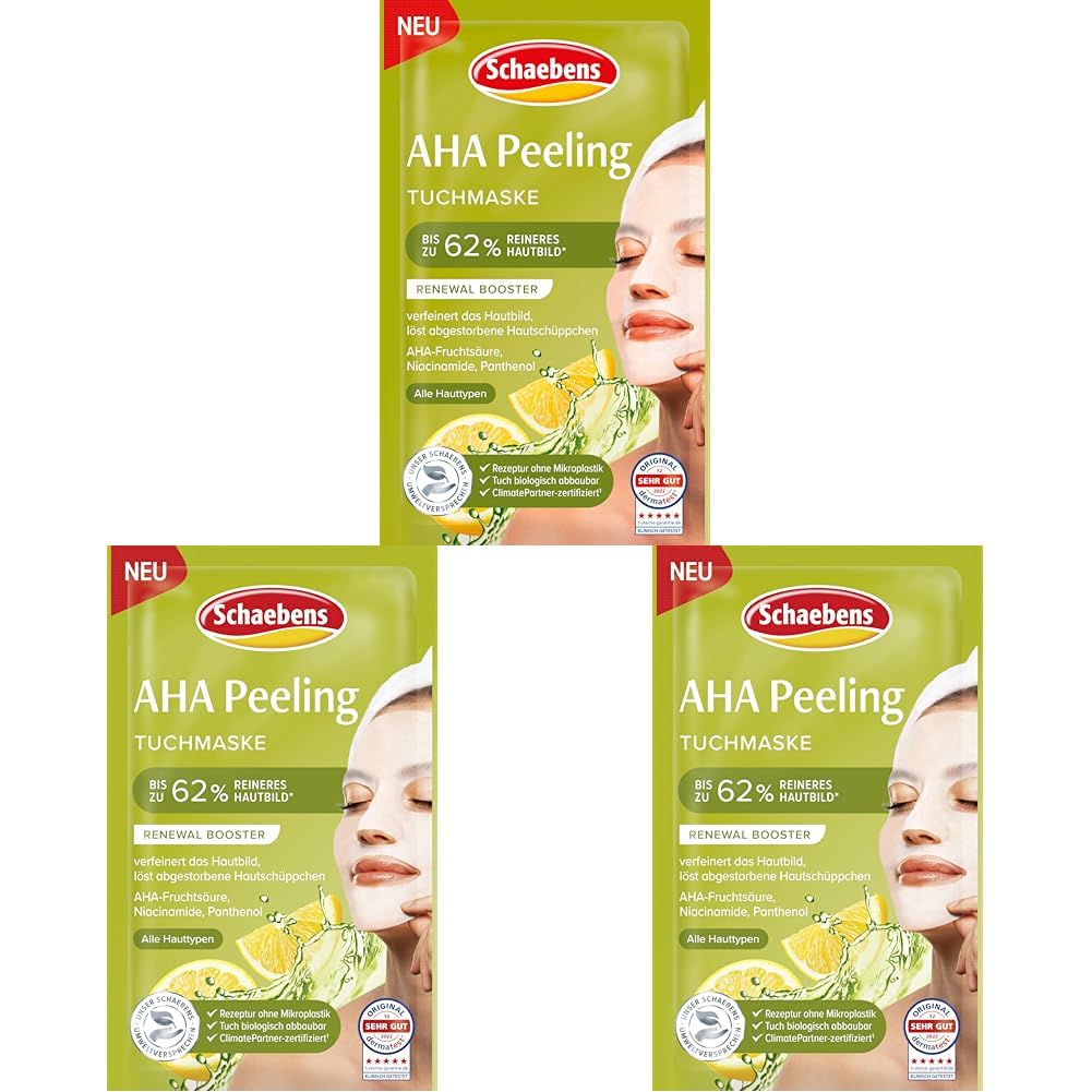 Schaebens AHA Peeling Tuchmaske - RENEWAL BOOSTER, verfeinert das Hautbild, löst abgestorbene Hautschüppchen mit AHA-Fruchtsäure, Niacinamide und Panthenol für alle Hauttypen (Packung mit 3)