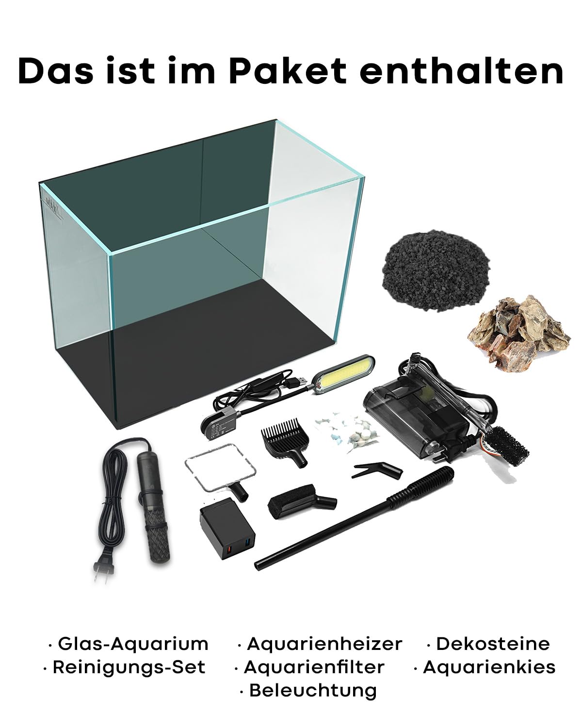 Acuario de Oficina 24 L - Acuario de Cristal Ultra-Clair con Filtro Autolimpiante, Iluminación Potente, Calefacción, Piedras, Grava y Herramientas de Limpieza