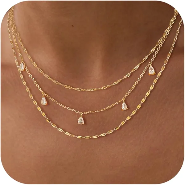 Fwlisesa Layered Necklaces for Women, Dainty Gold Necklace Stack 14k Gold Plated Layering Cubic Zirconia Choker Necklaces for Women Trendy Simple Layered Gold Necklace Set Fashion Jewelry