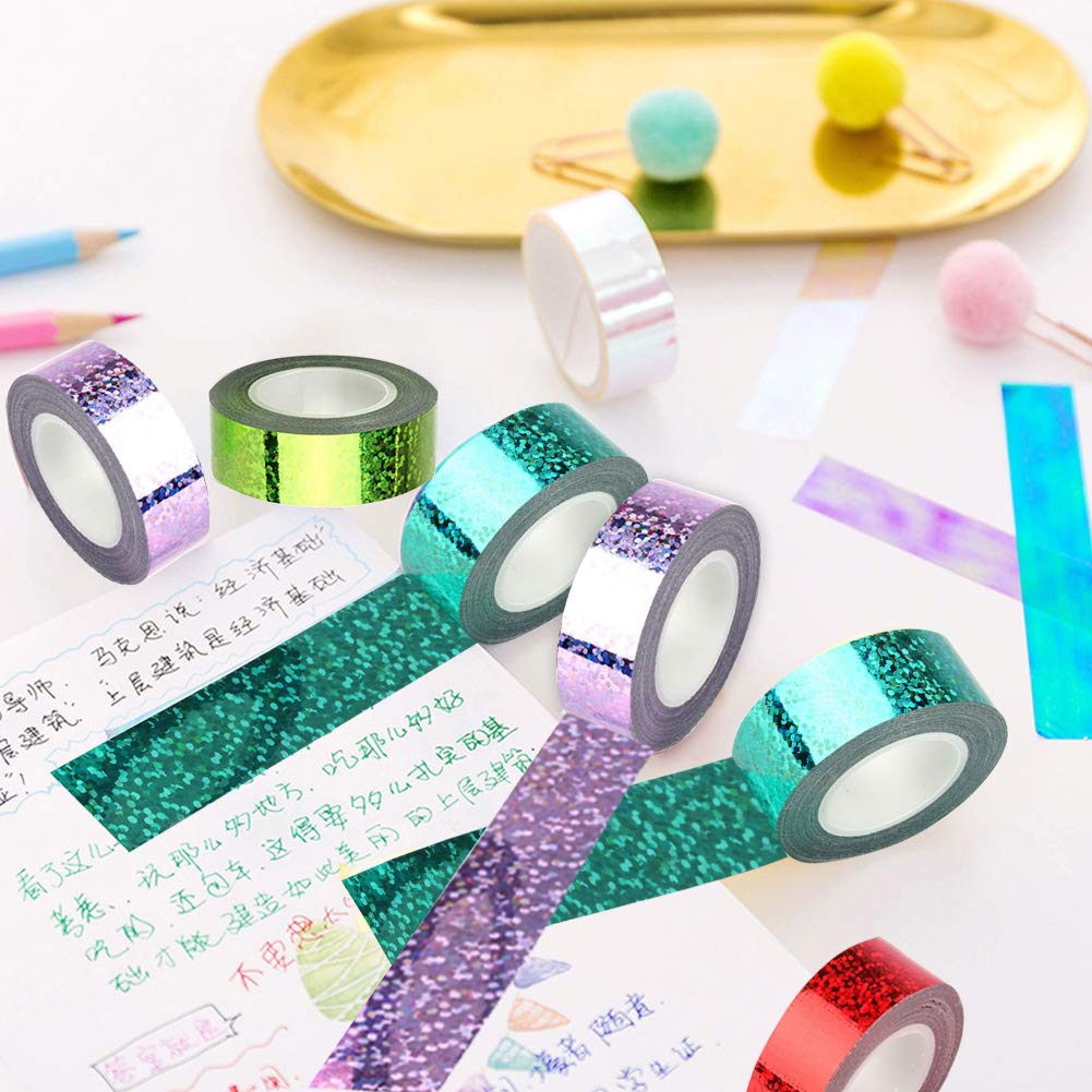 Washi, 8 rollen, decoratief plakband, holografisch, pailletten, washi-tape, plakband, plakband, doe-het-zelf, 15 mm x 5 m, voor knutselen, knutselen en cadeau