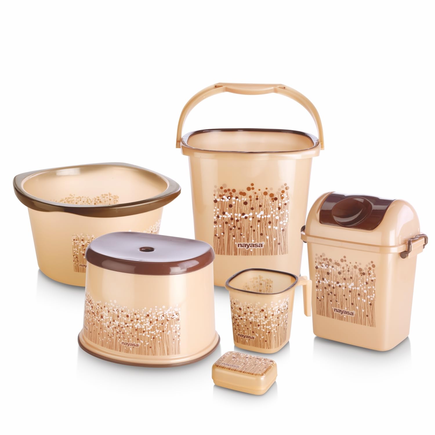 Nayasa Plastic Funk Bathroom Set DLX 6 Pcs | Bkt 25 L + Mug 1.5 L + Basin 20 L+ Dustbin 14 L + 509 Stool + Soap Case | Bathroom Accessory Set Plastic | Bathroom Set | Bath Set for Bathroom | Brown