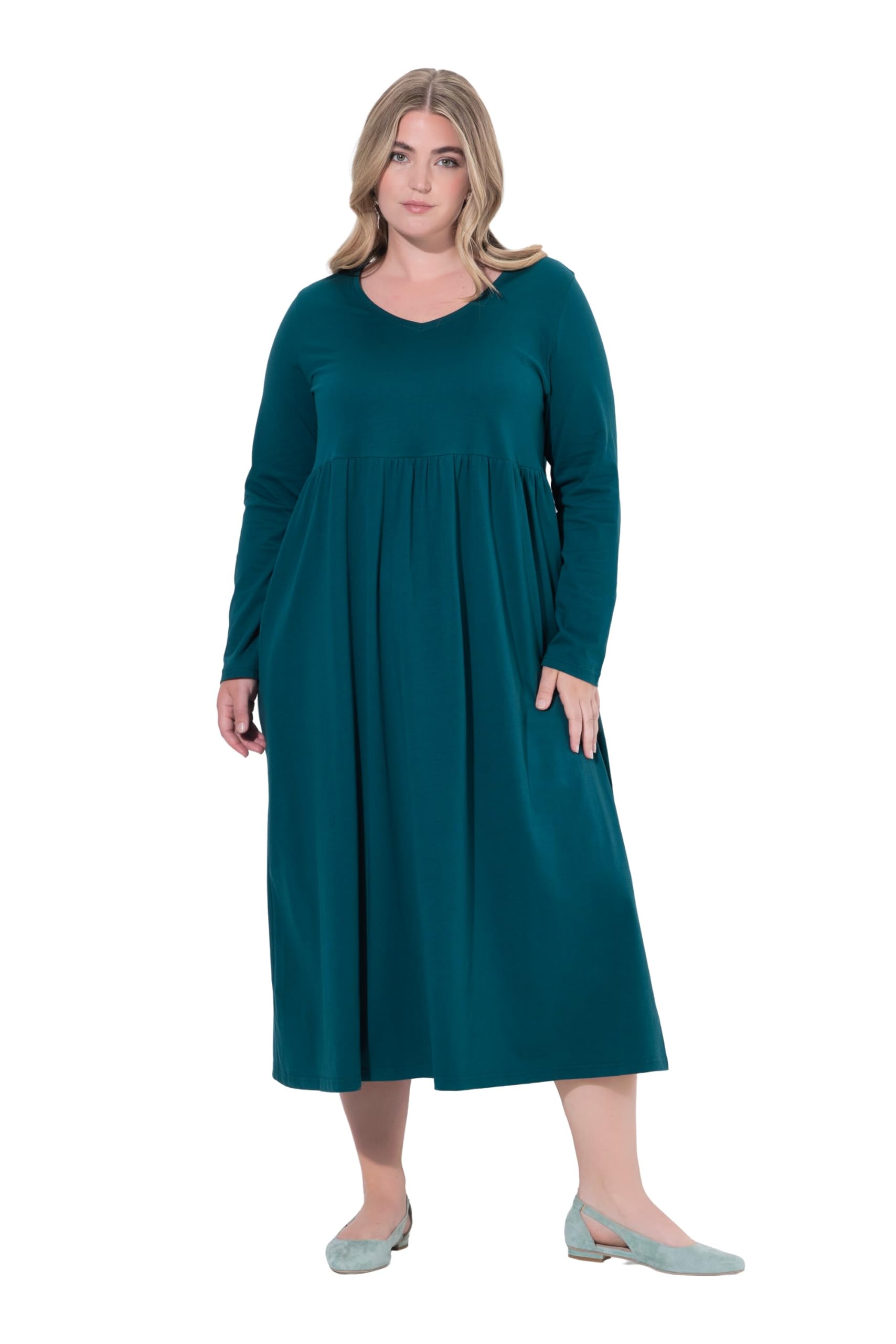 Ulla Popken Damen große Größen Übergrößen Plus Size Maxikleid, A-Linie, V-Ausschnitt, Langarm 844558