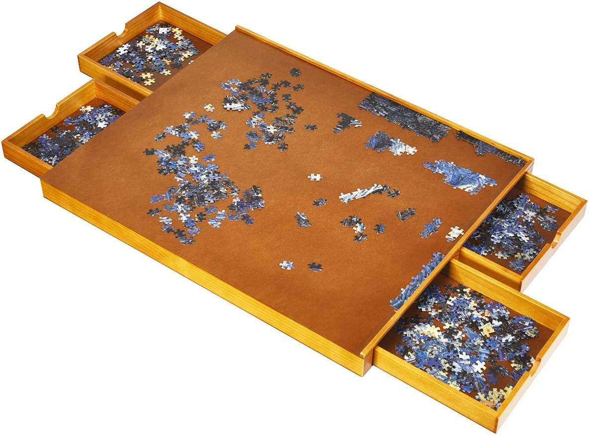 DREAMADE Plateau Puzzle en Bois, Tableau pour Puzzle 1000-1500 Pièces, avec Grande Plateforme, 4 Tiroirs Coulissants & Bord Antichute, Idéal pour Les Puzzles et Les Jeux, 65x80x6,5cm, Naturel
