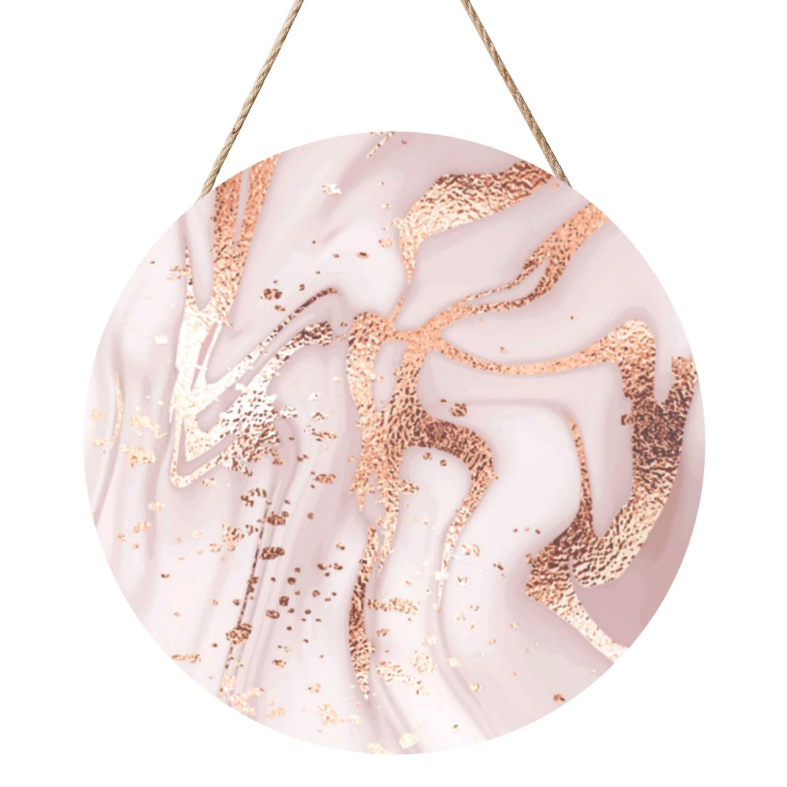 InOmak Liquid Abstract Marble With Rose Gold Glitter Splatter Texture, Round Wood Panel Painting 12 in, Wall Hanging Painting For Home