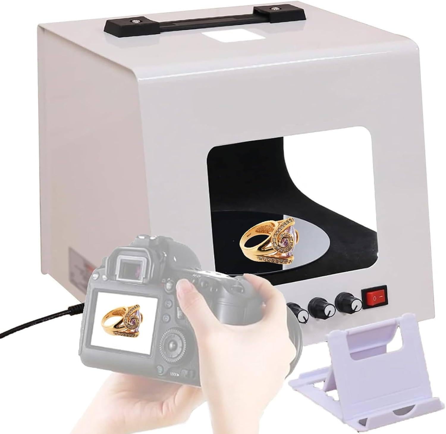 Caja de luz para fotografía de joyería, Mini softbox para Estudio fotográfico, con Plato Giratorio automático y Soporte para Colgar, Plato Giratorio de Velocidad Ajustable TB200