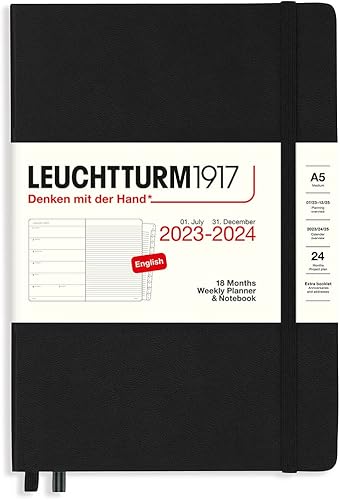 LEUCHTTURM1917 - Agenda semanal y cuaderno de 18 meses mediano A5, julio de 2023 - diciembre de 2024, inglés, tapa dura, azul marino
