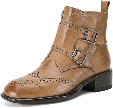 Womens Leather boots, Monk Strap Deign Oxfords Booties, Double Buckles, Womens Wingtip Side Zipper Ankle Boots