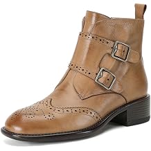 Womens Leather boots, Monk Strap Deign Oxfords Booties, Double Buckles, Womens Wingtip Side Zipper Ankle Boots