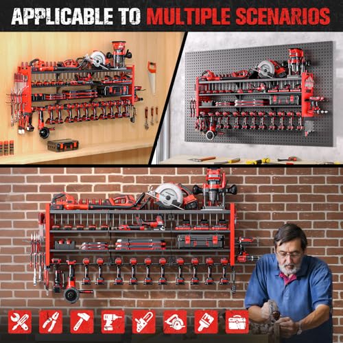 Shomextol 49.8" W Large Power Tool Organizer Wall Mount, Heavy Duty Tool Organizer with 14 cordless Drill Holder, 4 Layers Garage Organization and Storage Rack, Tool Rack for Garage Workshop, Red - Image 6