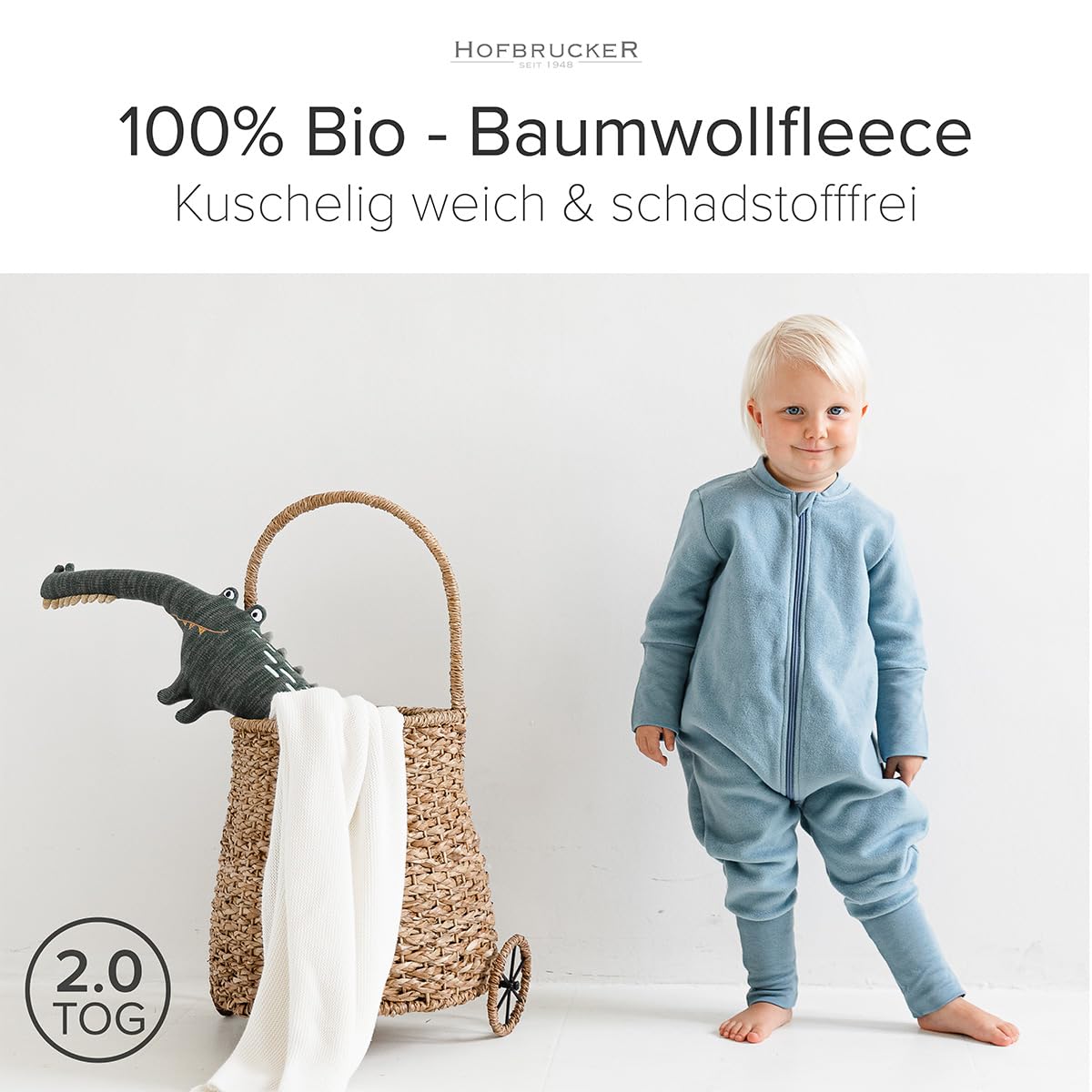 Hofbrucker Sacco nanna con piedini, in 100% pile di cotone biologico, per tutto l'anno, per la primavera, l'autunno, Colore: blu colomba, 86/92 cm