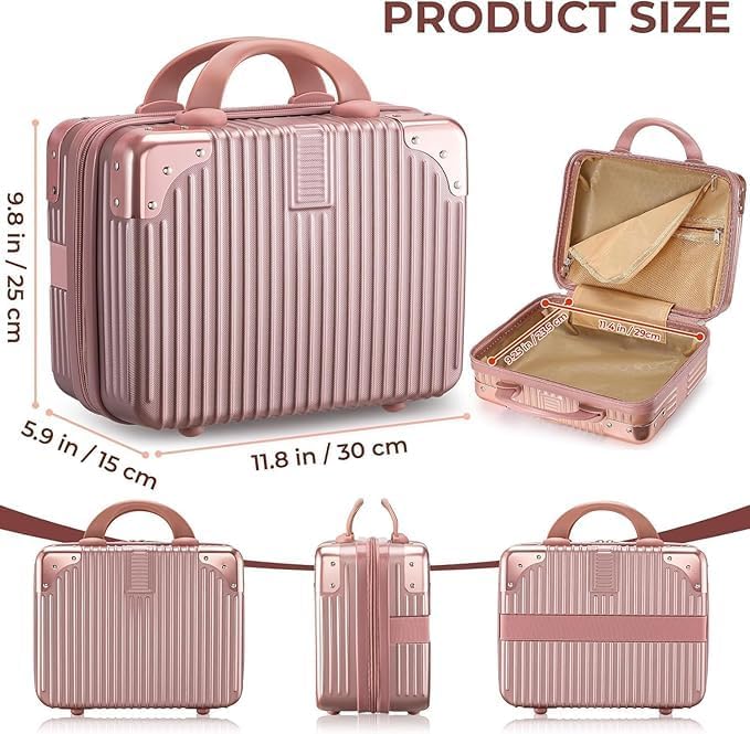 Image of Portable Hard Shell Cosmetic Travel Case, Small Travel Hand Luggage with Elastic Band, Mini ABS Carrying Makeup Case Suitcase (C-Rose Gold)