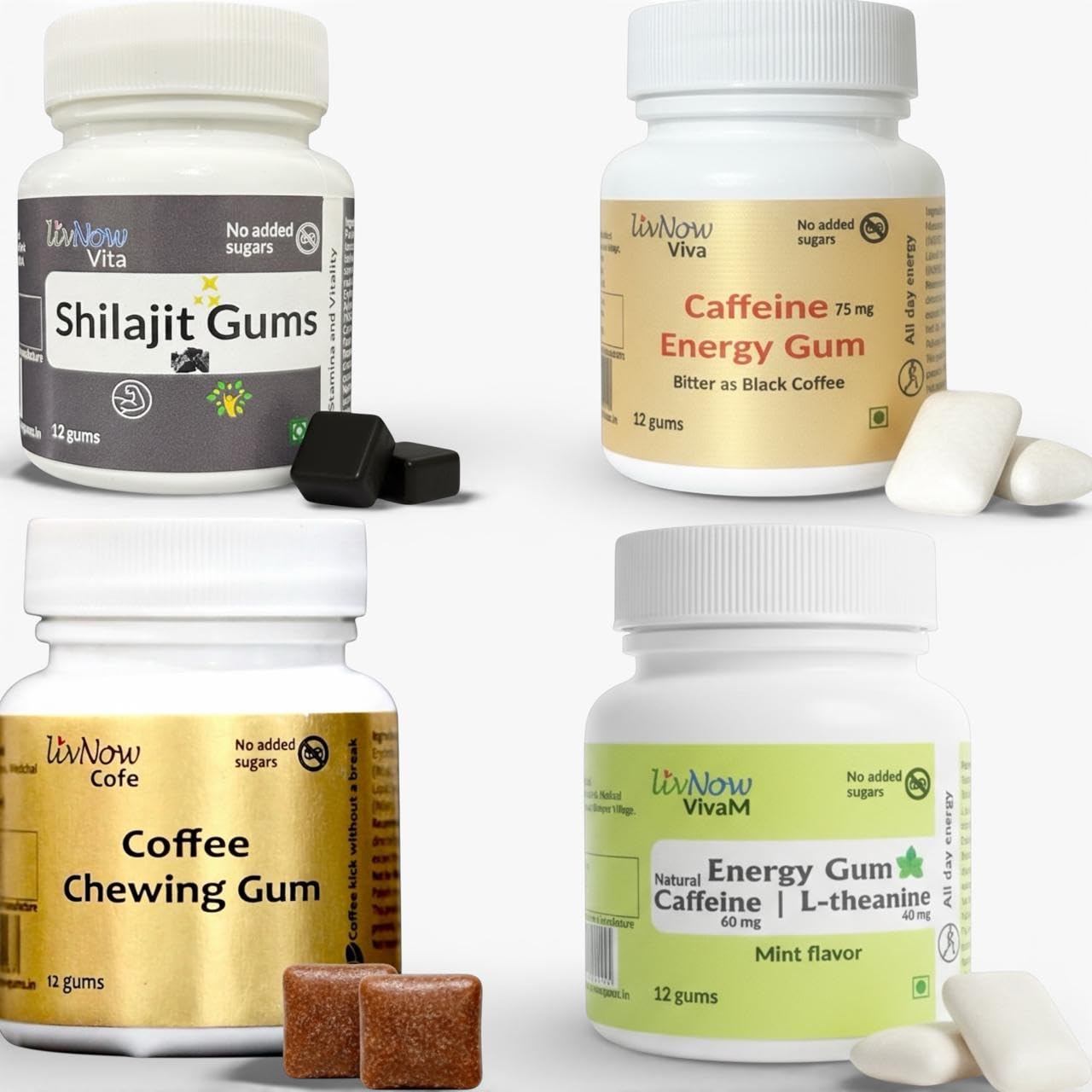 LivNow Energy Gums | Viva, VivaM, Cofe, Shilajit | for Energy, Focus and Vitality | 48 Gums in 4 Mini-Bottles-image-3
