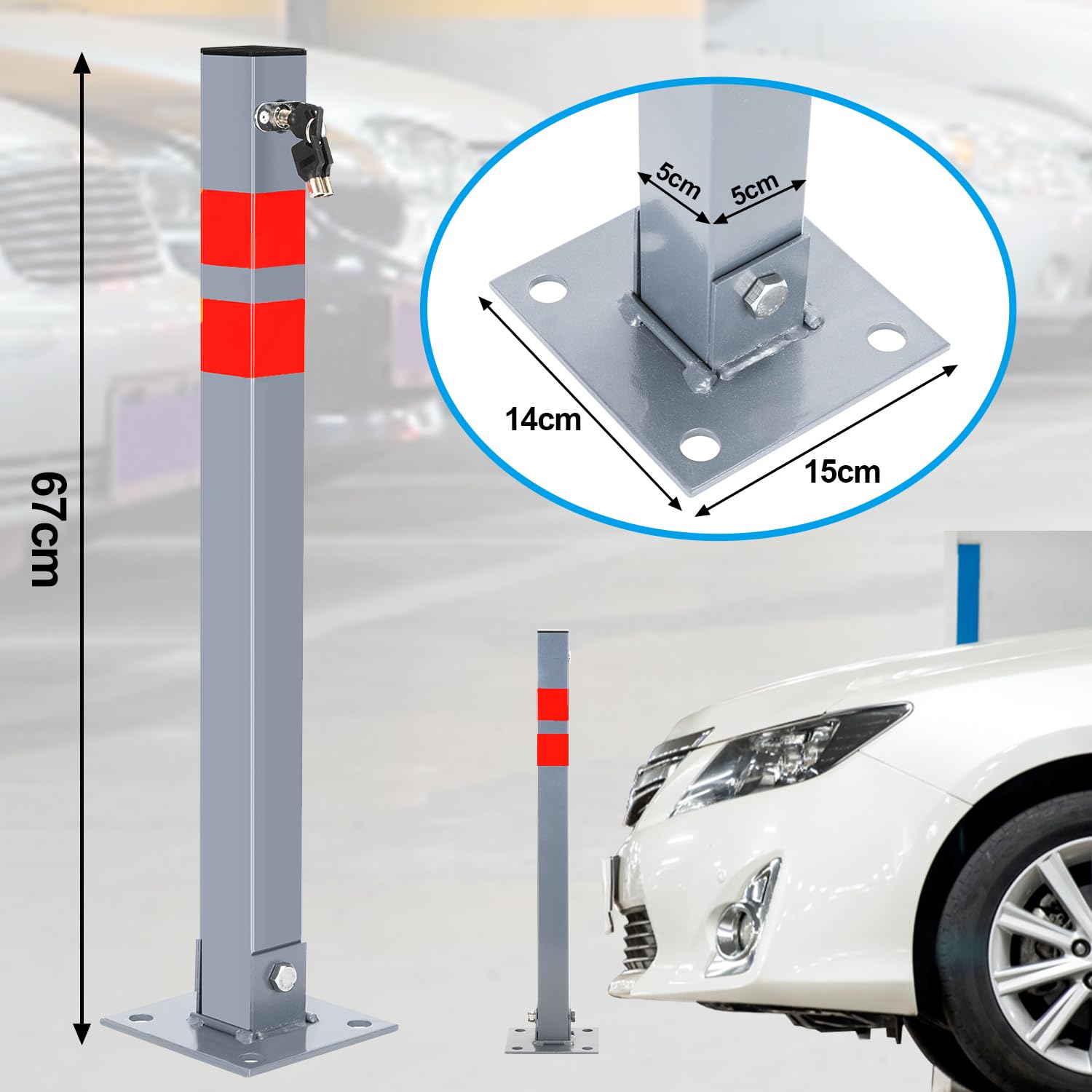 Eulenke 2X dissuasore parcheggio, pieghevole Parcheggio Barriera, Barriera Parcheggio con chiavi e strisce riflettenti, Facile da Installare blocco parcheggio, Palo Dissuasore Anti Altezza 67cm
