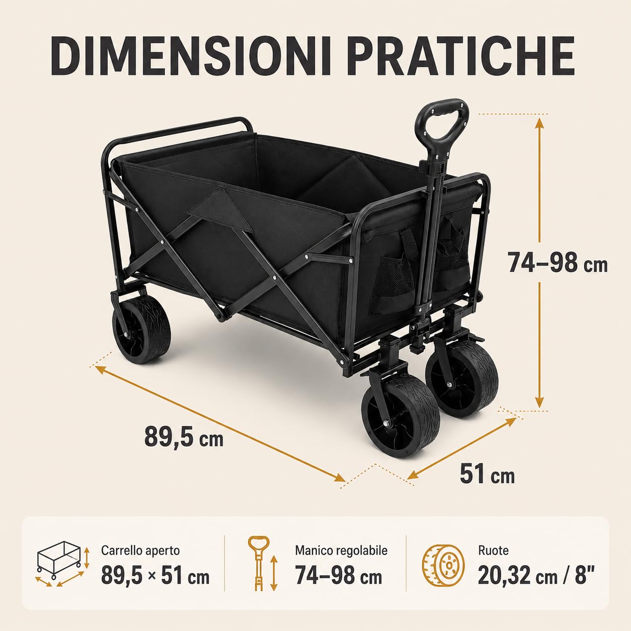 Carrello pieghevole, 115 kg, con due freni anteriori e tasche laterali