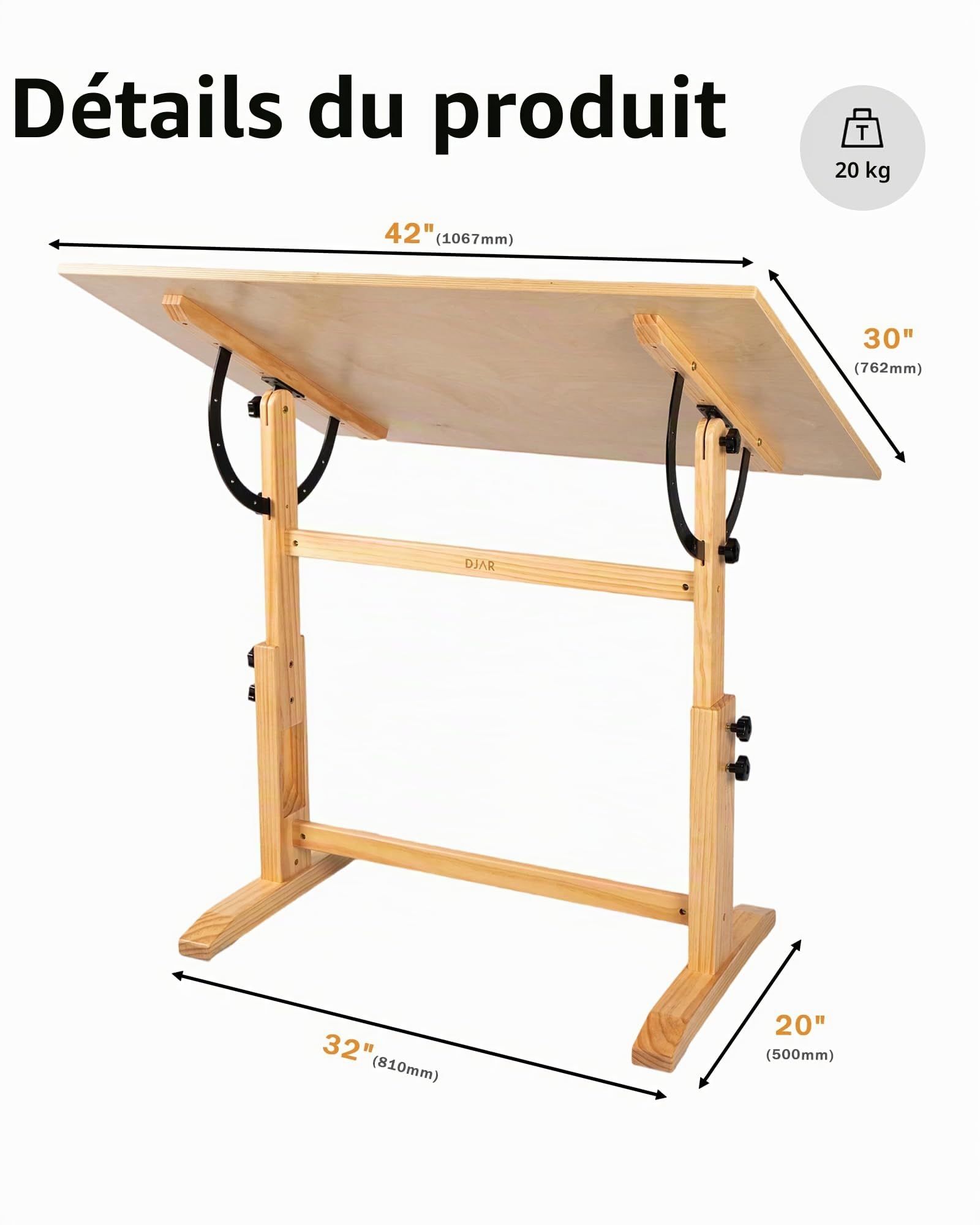 DJAR Table à dessin réglable en bois, 106,7 x 76,2 cm, bureau d'artiste pour peinture, croquis, écriture, naturel