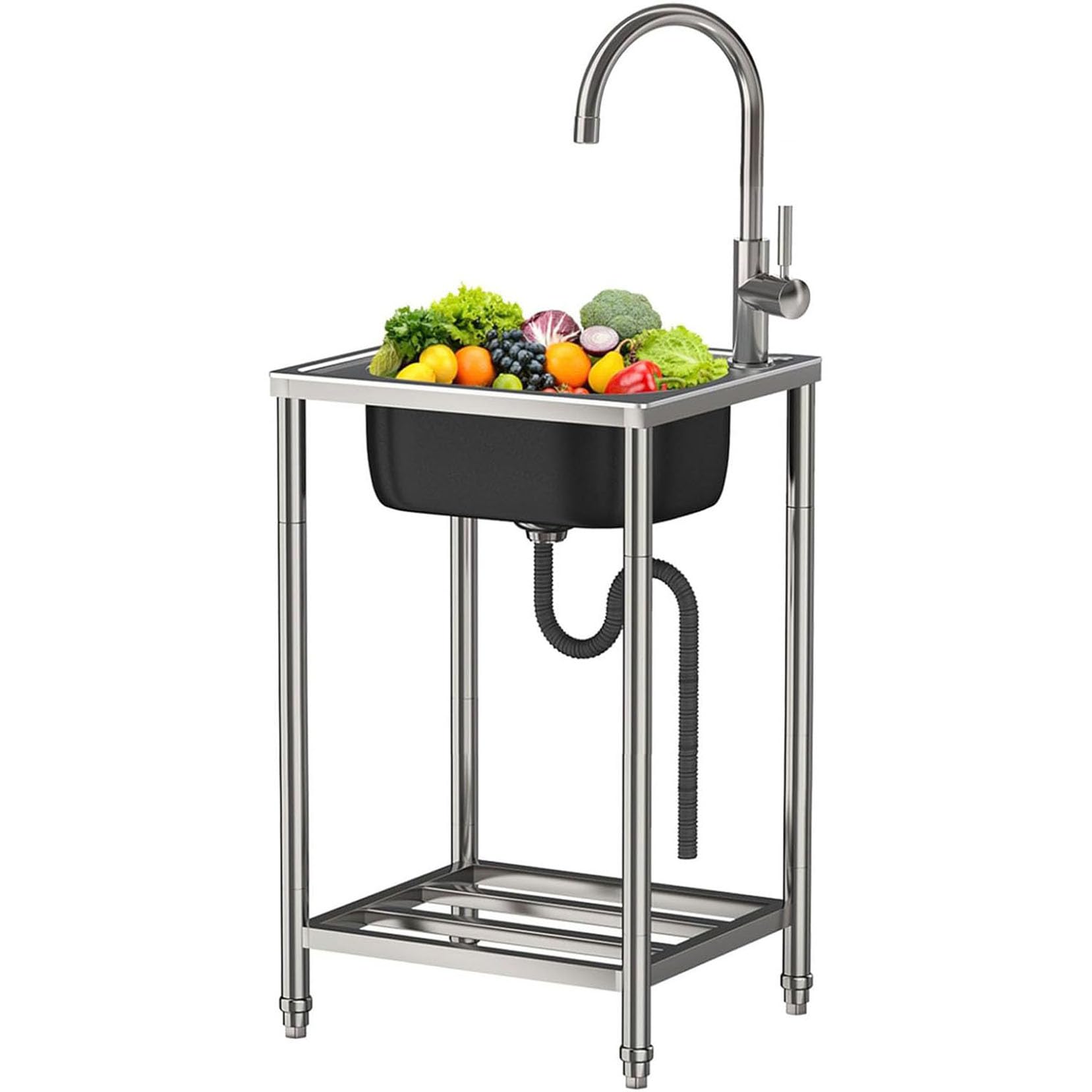 Fregadero De Cocina Exterior/Jardin Mueble Fregadero De Acero Inoxidable | Portatil Lavamanos Industriales con Grifo Estante Y Escurridor Pila De Lavar Para Garajes/Lavanderías/Restaurantes Comercial
