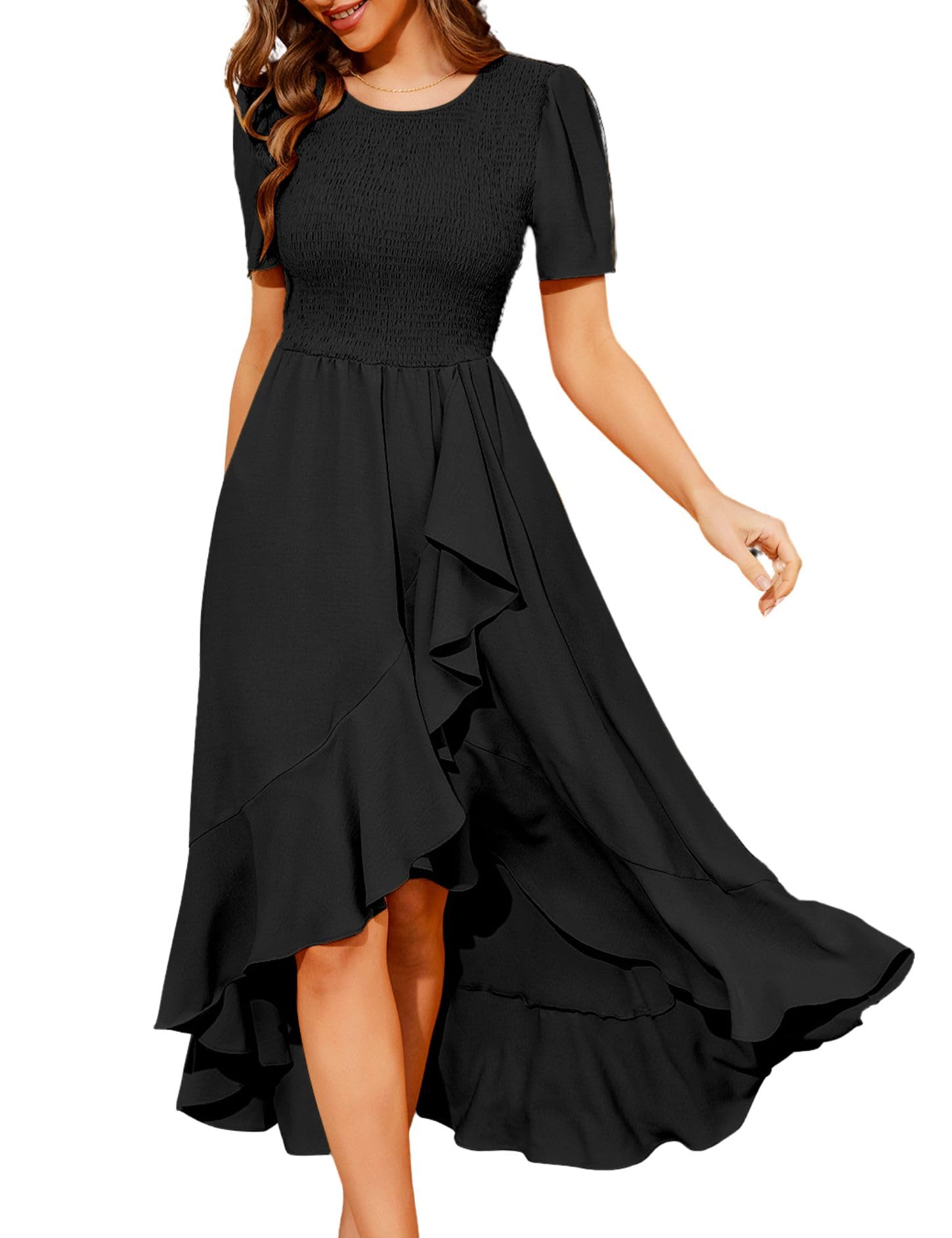 MUADRESSWomen's Summer Casual Crew Neck Split Dress Short Sleeve Smocked Elastic Waist Flowy Ruffle Midi Dress