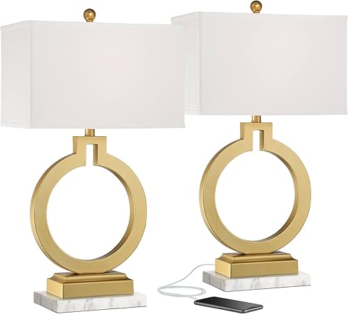 360 Lighting Lauren - Lámparas de mesa modernas con elevadores de mármol blanco, puerto de carga USB de 28 1/2 pulgadas de alto, juego de 2