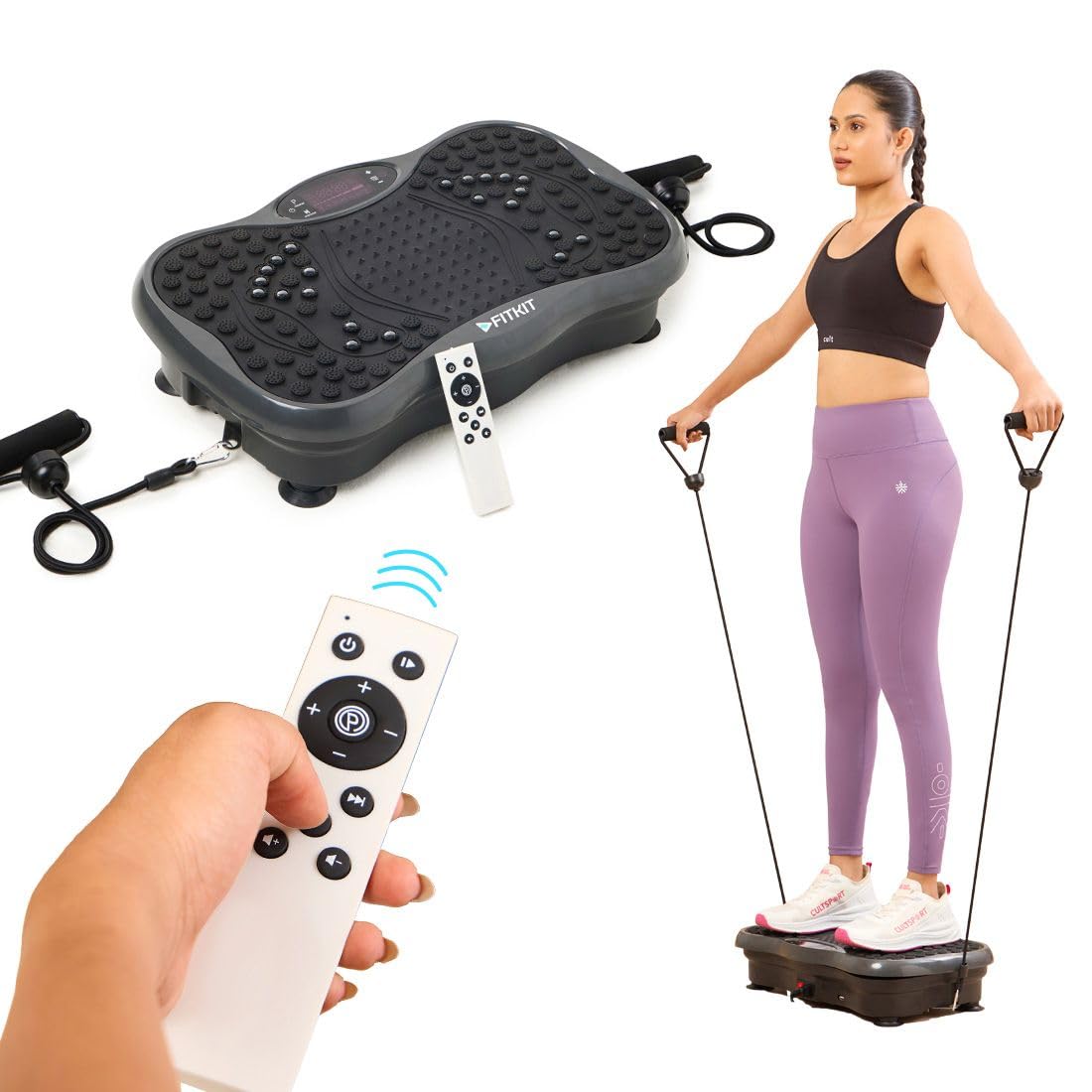 Fitkit by Cult Recover Vibration Plate Massager with Remote for Full Body Exercise, Muscle Toning and Weight Loss,Home Gym Use with 5 Preset Modes, USB Speaker, LCD Display, and Resistance Bands