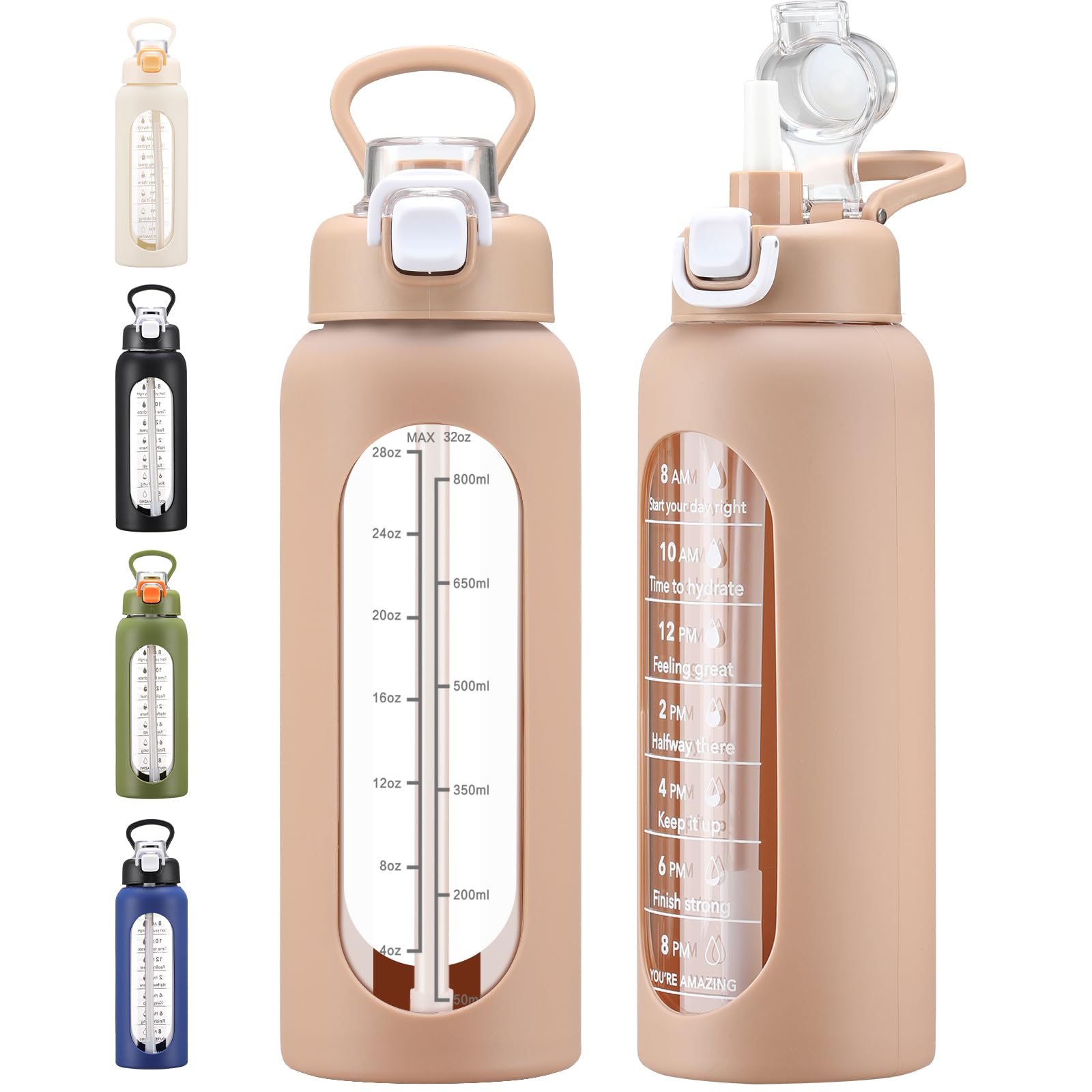 chunmo Bouteille d'eau en verre de 950 ml avec paille - Grande bouteille d'eau motivante avec marqueur de temps - Bouteille d'eau de sport avec manchon en silicone et couvercle à poignée pour
