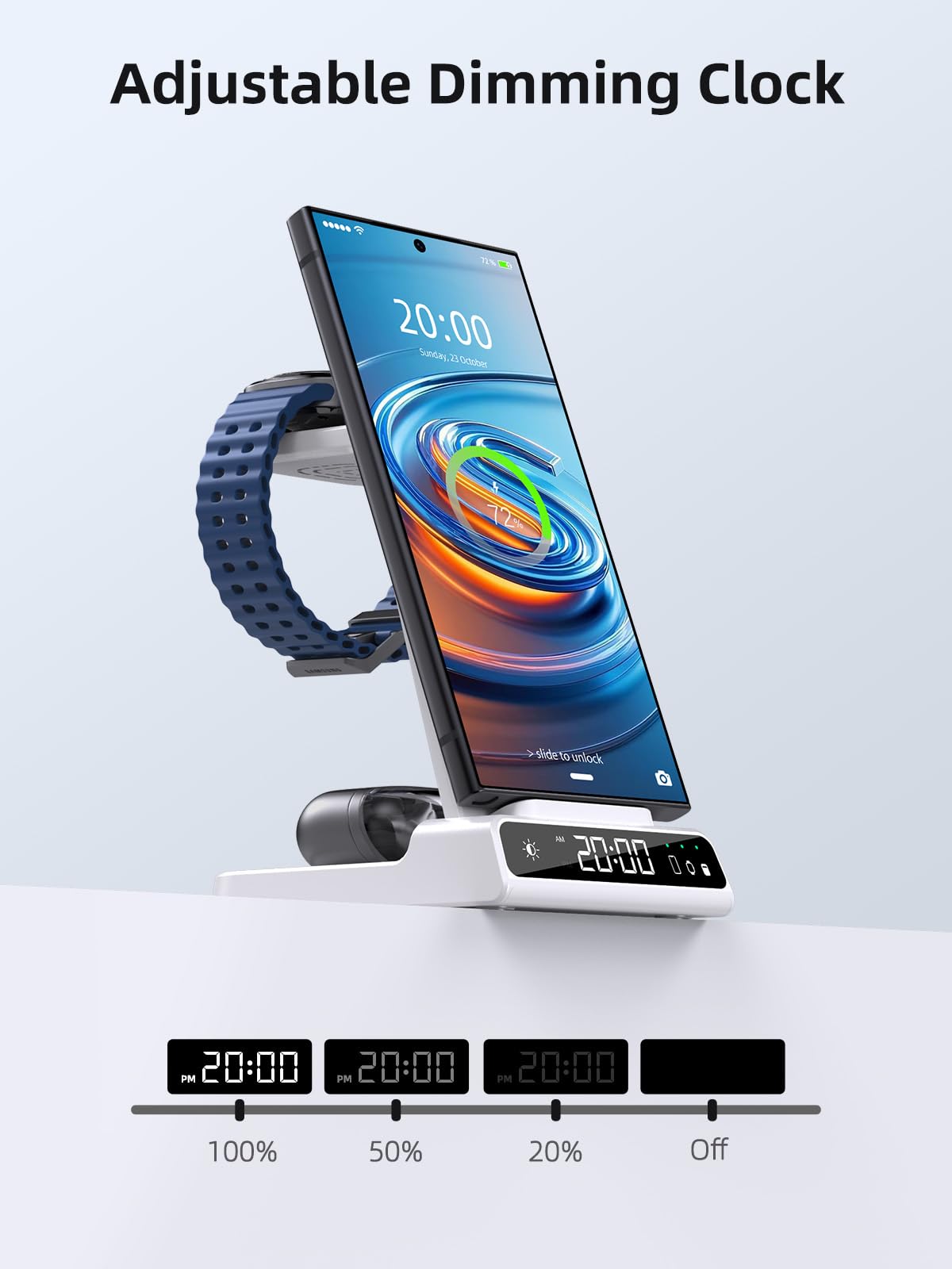 Cargador Inalambrico para Samsung, 3 in 1 Wireless Charger para Samsung für Galaxy S25 Ultra/S24/Z Fold 6/Z Flip 6, Base de Carga con Reloj Digital para Galaxy Watch Ultra/8/7/6, Galaxy Buds Pro 2