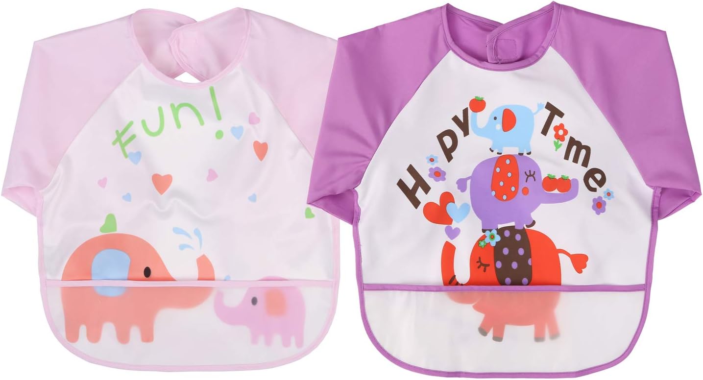 Babylaza Kids Waterproof Sleeved Feeding Bibs Long Sleeve Art Apron Smock Bib,Nursing Feeding Bibs,6 Months+ (Purple + Light Pink)