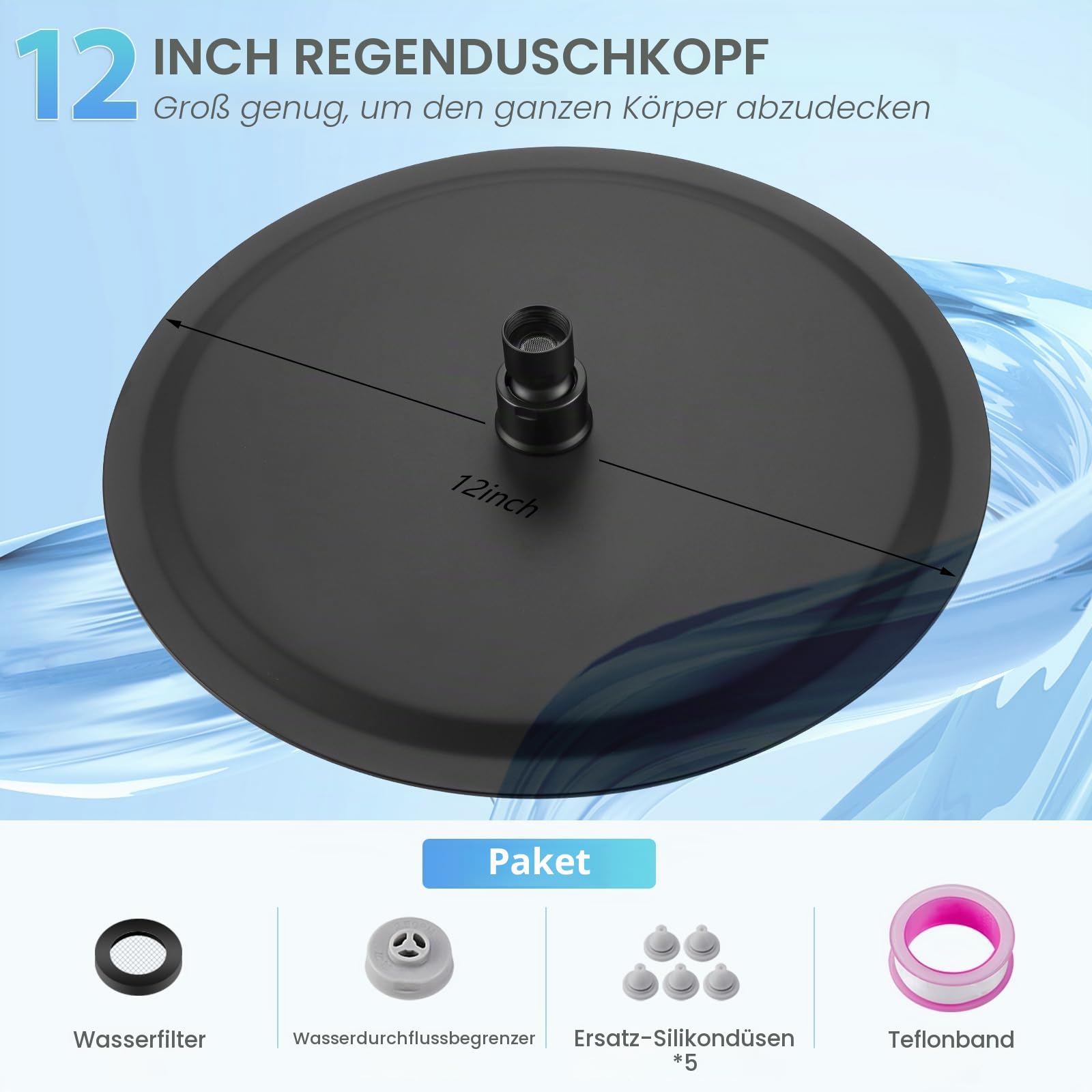 30CM Rund Matt Schwarz Regendusche Duschkopf, 12 Zoll Wasserfall Duschkopf Wassersparend, Ganzmetall-Edelstahl 304, Decken Regenduschköpfe mit 120 Anti-Verstopfungs-Silikondüsen